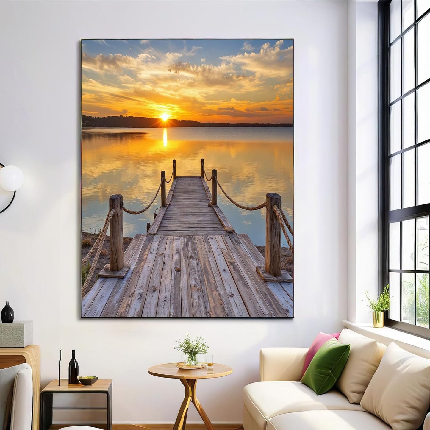 GDJSMIN Sunset Scene Wall Art, Wooden Pier Design Poster for Reading Room Living Room Decor 12x 16 inch Unframed