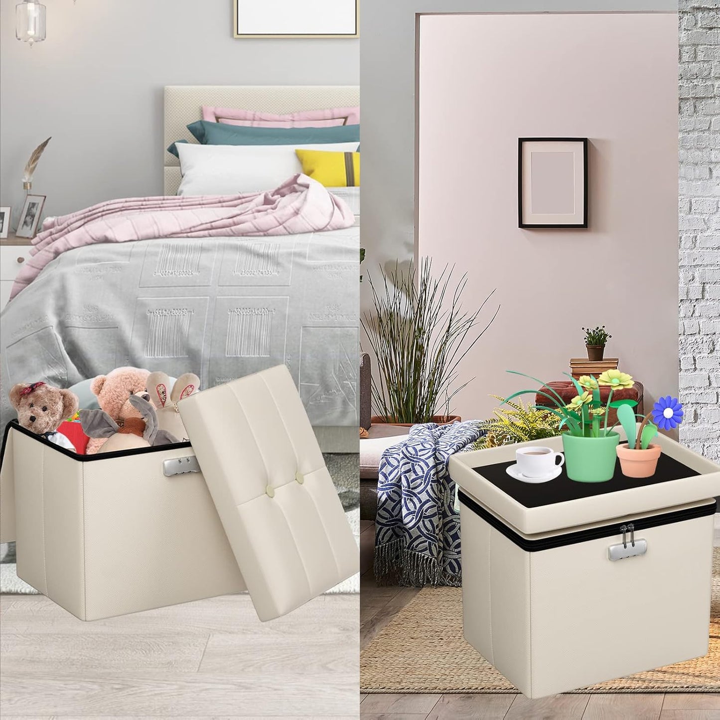 Tamfile Small Ottoman with Storage, 17 x 13 x 13 inch Fireproof Safe Folding Ottoman with Lock for Important Documents, Waterproof Foot Rest Stool with Storage, Ottoman Foot Rest with Handle, Beige