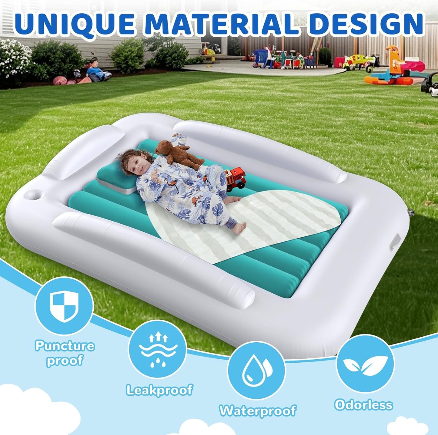 Inflatable Toddler Travel Bed - 60 Inches Portable Toddler Bed for Travel with Safety Sides - Cozy Kids Air Mattress Set with High-Speed Pump & Carry Case - Easy to Inflate(Teal Blue)