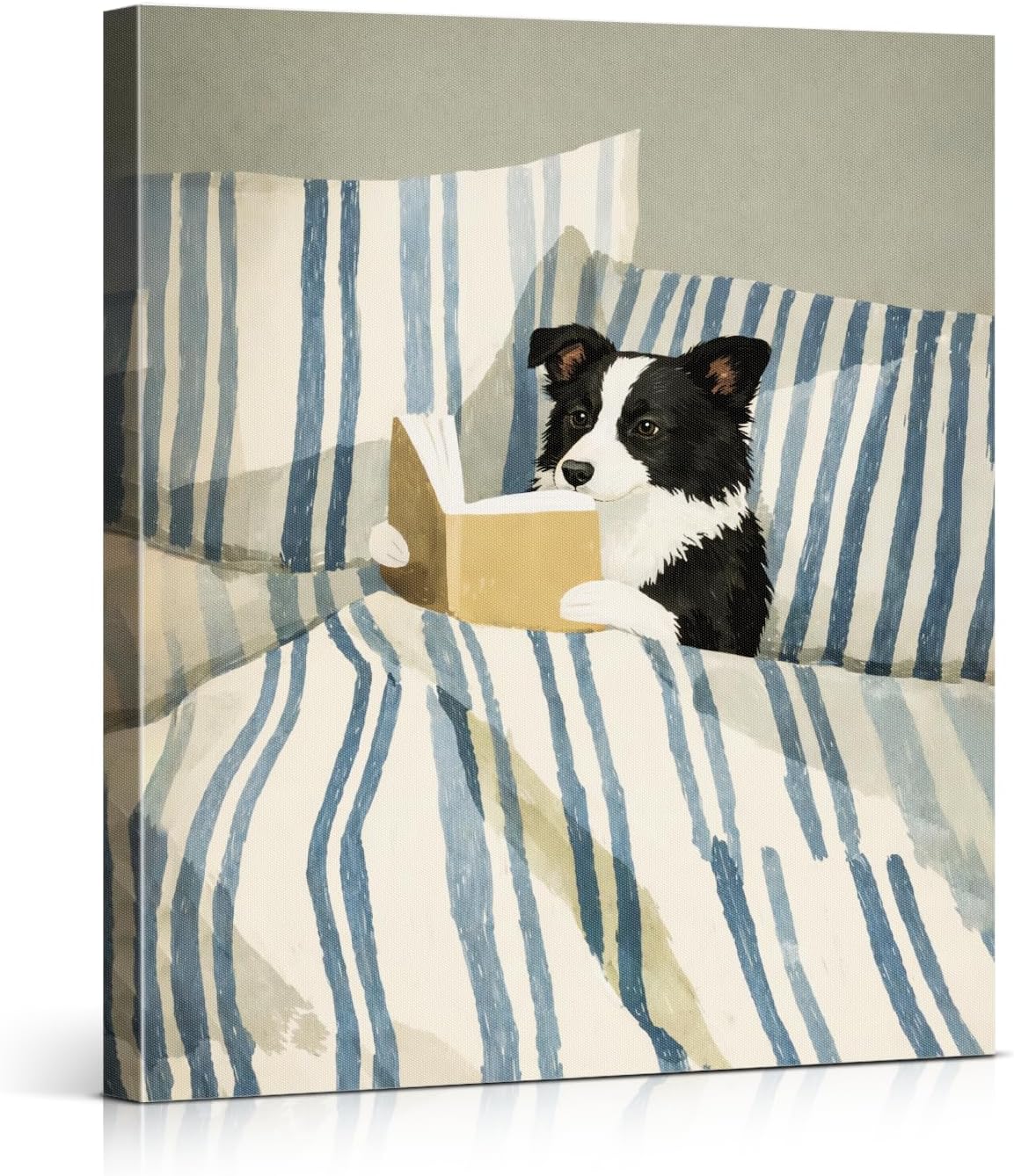 Vintage Dog Reading Wall Art Print - Bookish Border Collie Canvas Poster Painting - Dog Lover Gifts Wall Decor for Home Bedroom 8x10 Inch Framed