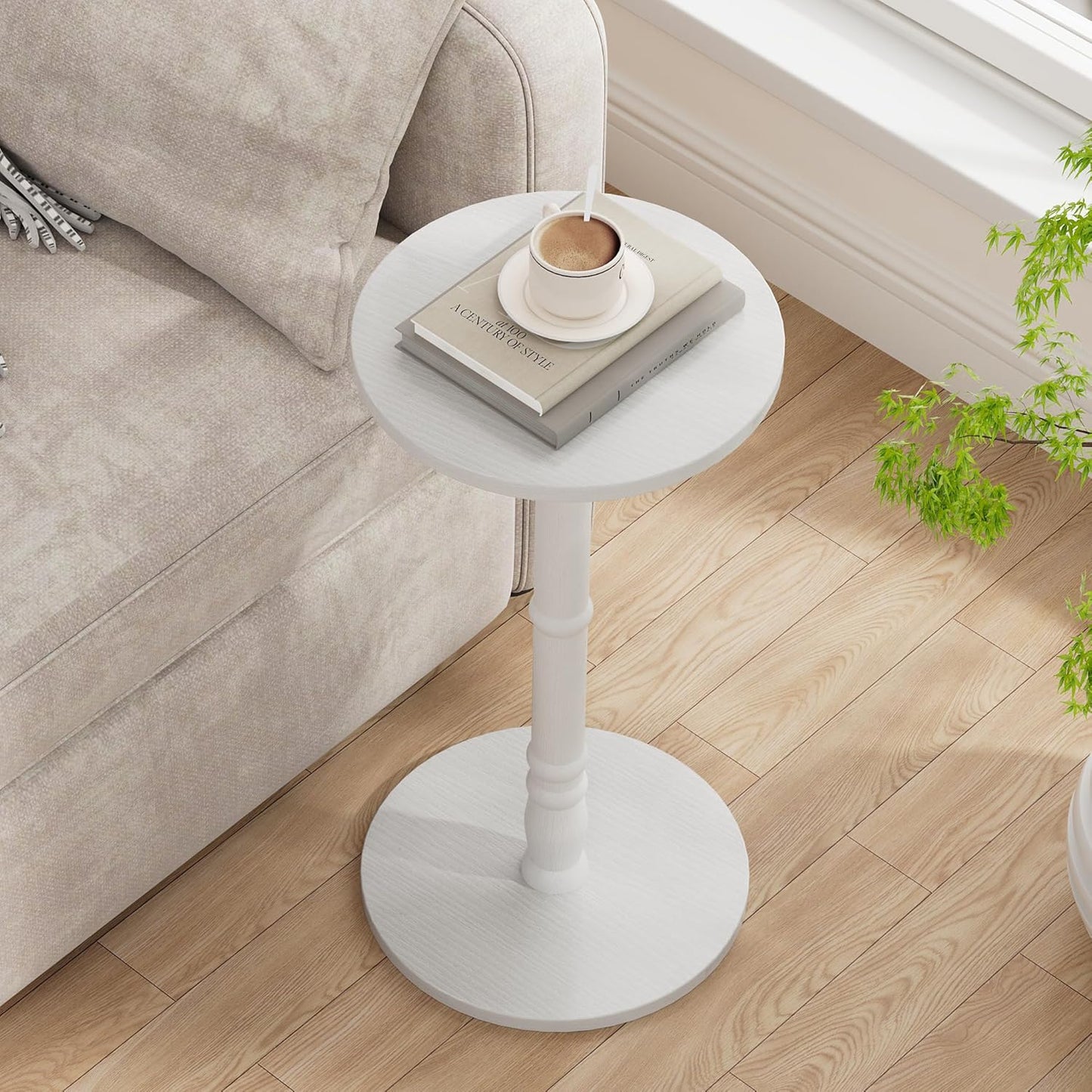 12" Round Side Tables Set of 2, Solid Wood Pillar with Wood Top & Base, Small Drink Accent Table for Living Room, Bedroom, Sofa & Office, Easy Assembly, White