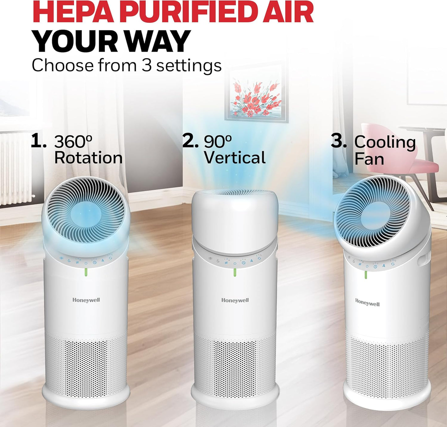 Honeywell Allergen Plus™ 3-in-1 HEPA Air Purifier for Home, Fan & Adjustable Airflow for Large Rooms up to 1928 Ft², Air Quality Sensor, Reduces Allergens, Pet Dander & Odors, HPA6000, White
