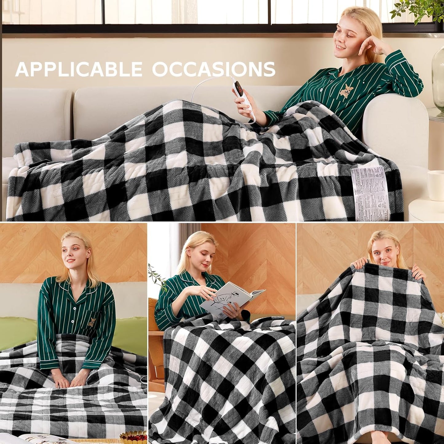 Electric Heated Sherpa Buffalo Plaid Christmas Throw Blanket with 8 Heating Levels & 8 Hours Auto Off, Fast Heating Warm Plush Washable Blanket with Over-Heat Protection, ETL Certification, Black