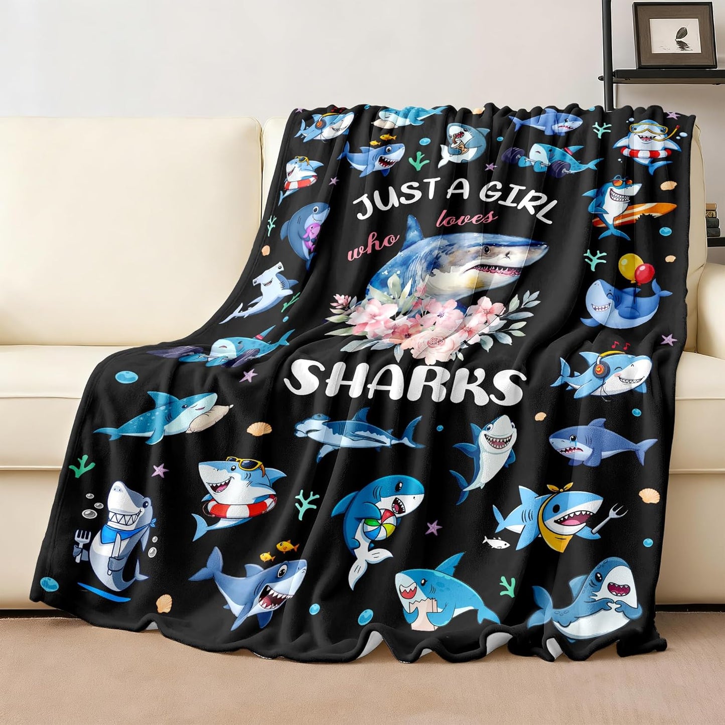 Shark Blanket Gifts for Shark Lover Soft Cozy Flannel Sharks Throw Blanket Sharks Themed Birthday Bedding Decor Stuff Gifts for Girls Women Kids Adults 60" x 50"