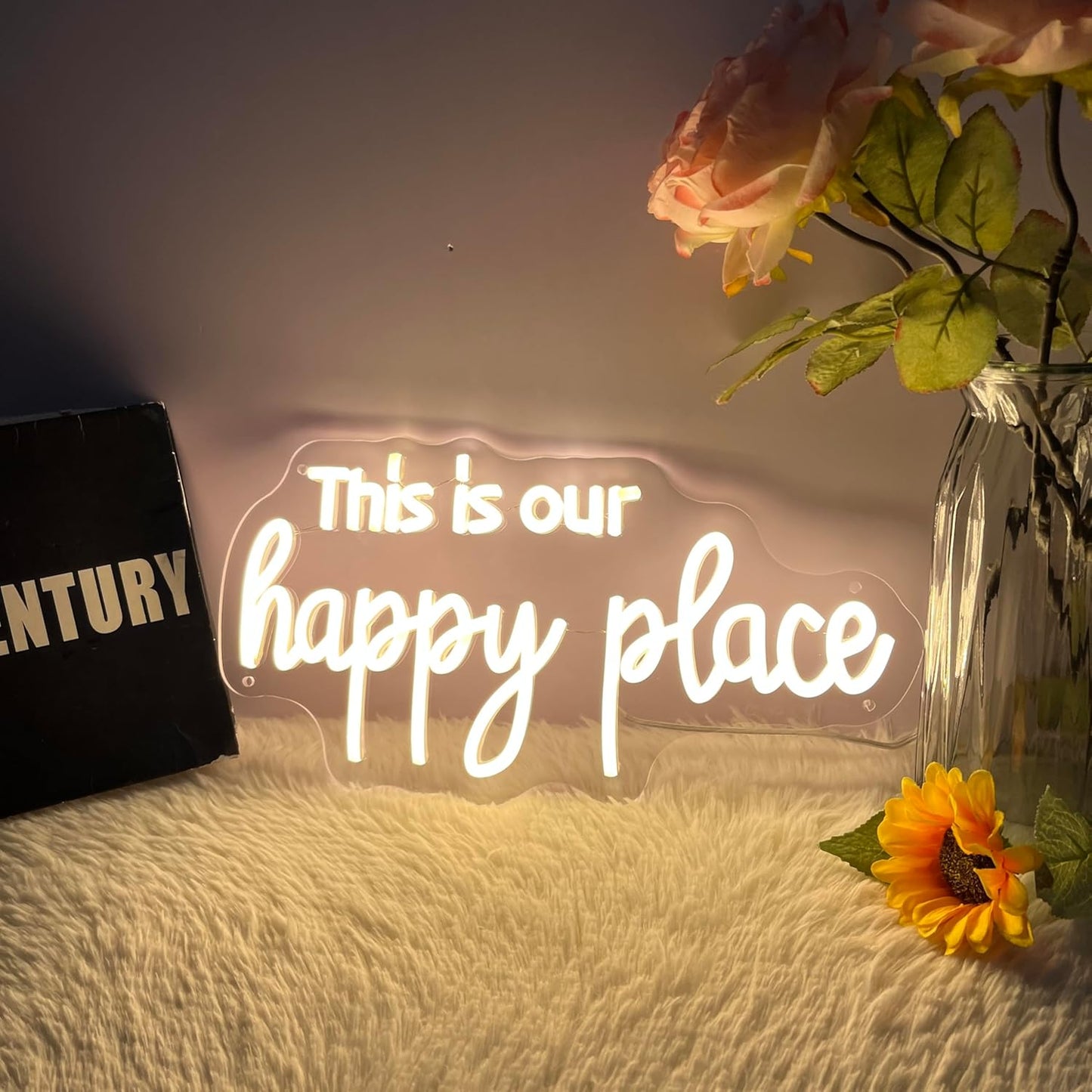 This is Our Happy Place Neon Sign Happy Place Neon Signs for Wall Decor Dimmable Warm White LED Signs for Bedroom Classroom Man Cave Home Bar Birthday Party Decor Neon Classroom Sign