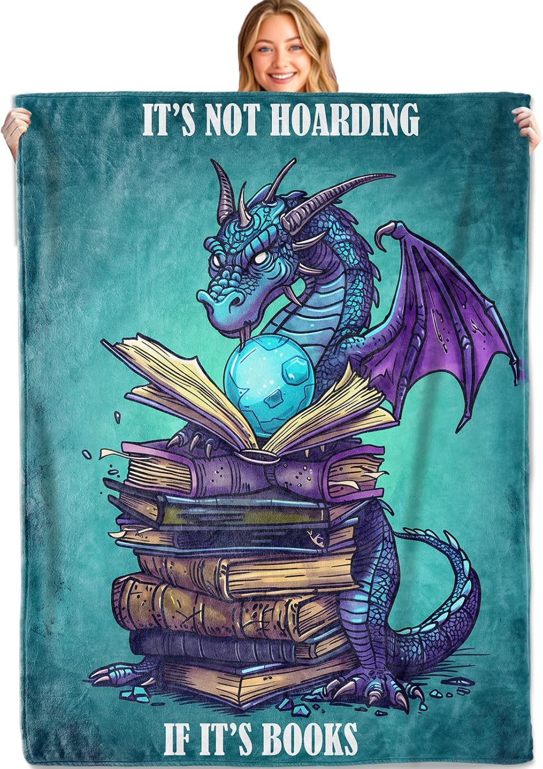 Fantasy Dragon Book Hoarder Throw Blanket, 60x80in, Soft, Lightweight Flannel, Magical Reading Stack with Blue Animal and Quote Blankets, Gifts for Boys, for Home Living Room Decor