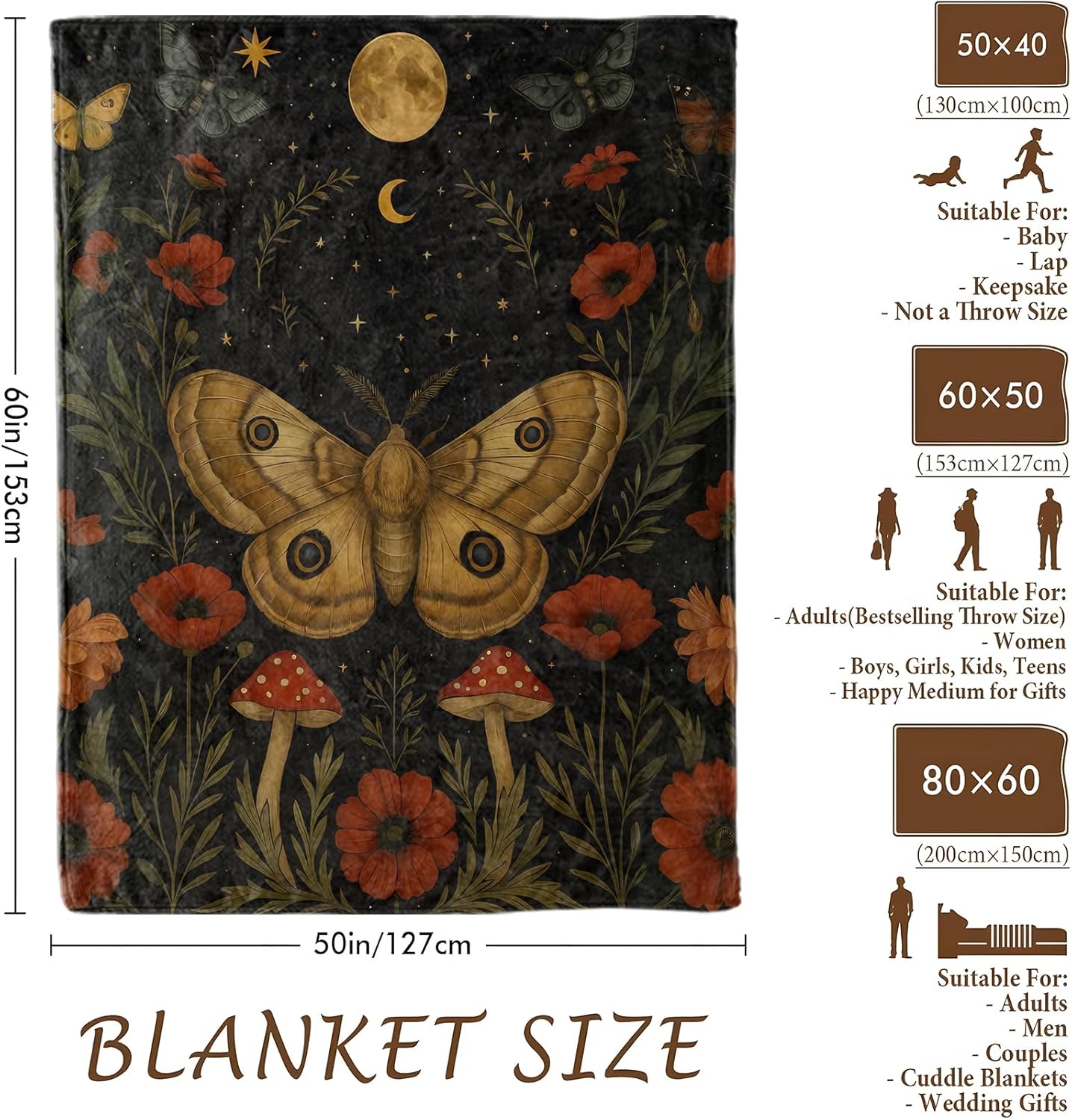 Moth and Mushroom Blanket, Flannel Blankets Gifts for Boys Girls Adults, Warm Cozy Soft Fuzzy Throw for Couch, Bed, Room Decor 50x60 in