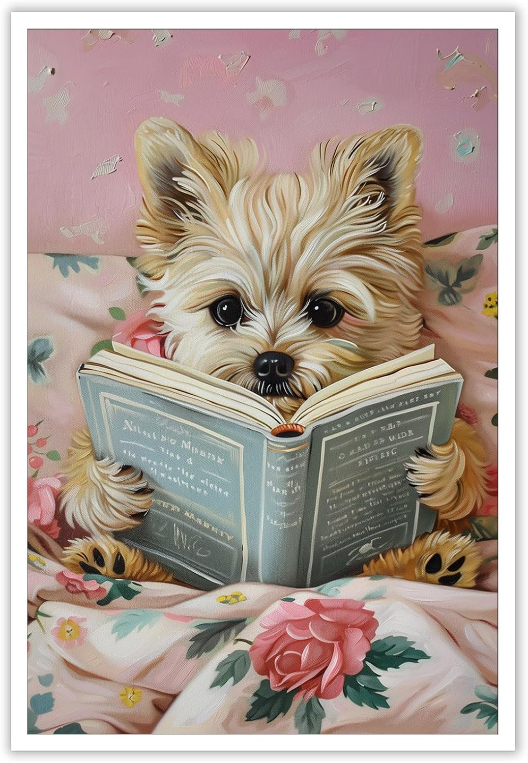 Vintage Dog Reading Books Posters Pink Funny Animal Canvas Wall Art Cute Pet Lovers Minimalist Aesthetic Prints Painting For Girls Room Home Bedroom Dorm Wall Decor 12x16in Unframed