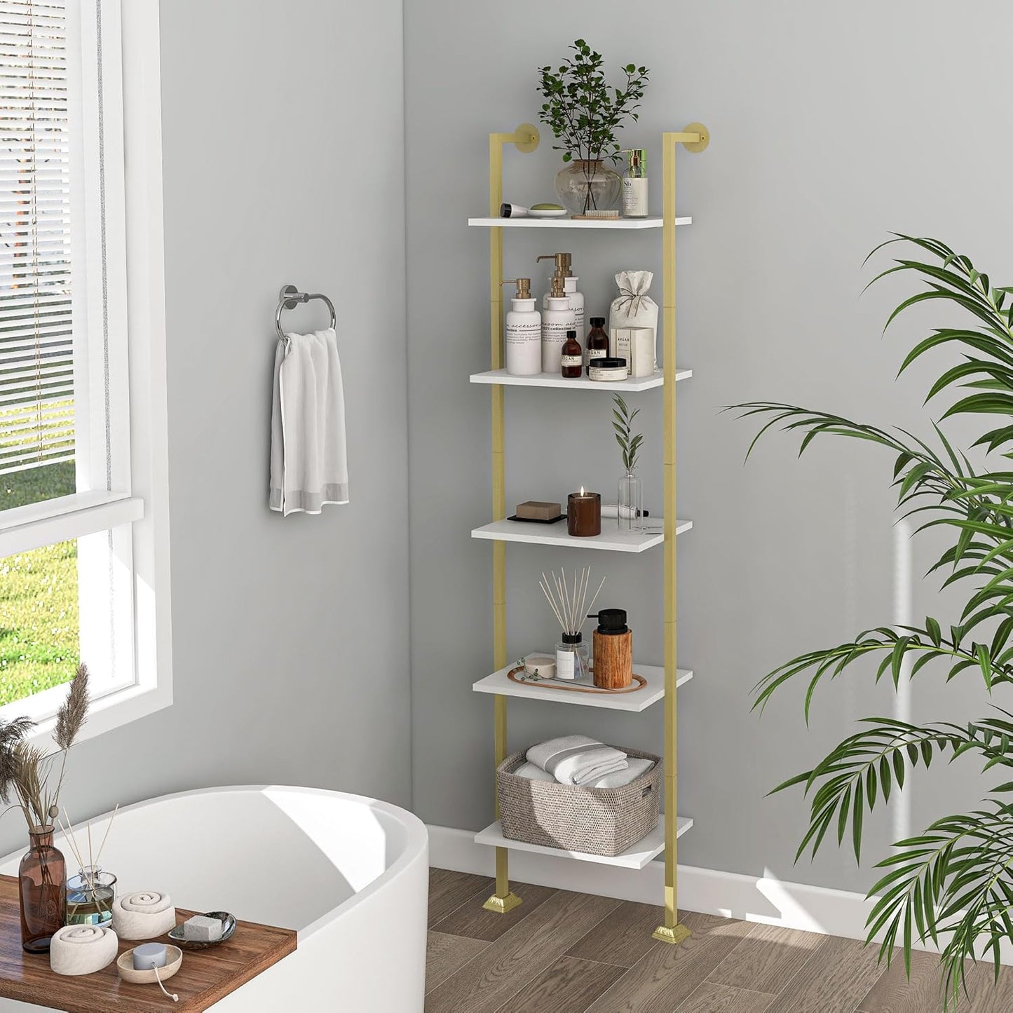 Axeman 5-Tier Ladder Bookcase, Tall Narrow Bookshelf for Small Spaces, Modern Book Storage Organizer Case Open Shelves for Living Room, Bedroom，Office, Library, Gold and White