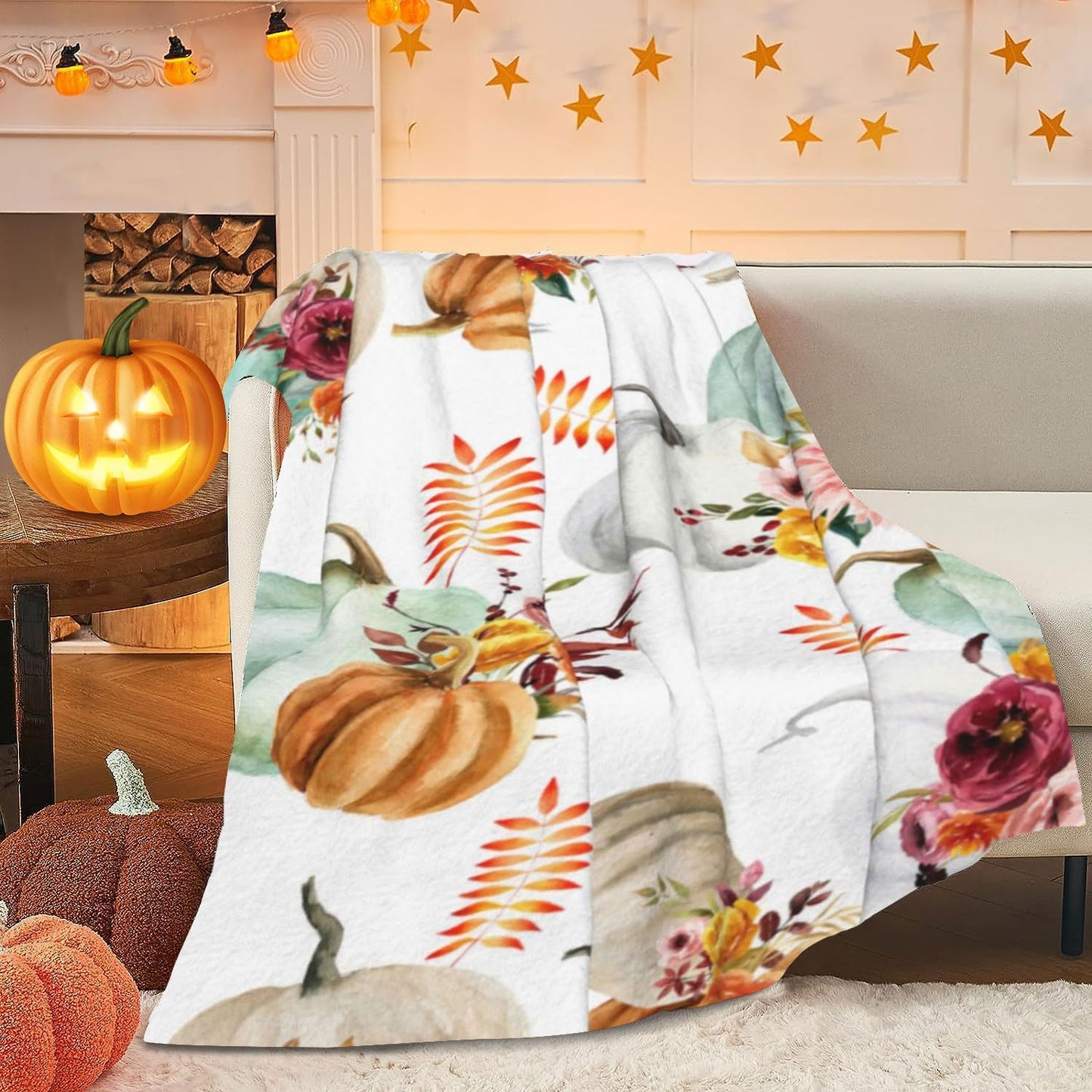 Autumn Decor Fleece Throw Blankets, Fall Decor Throw Blanket with Pumpkins Leaves for Bed Couch Sofa, Lightweight Soft Warm Fuzzy Cozy Flannel Blanket 50" x 60"