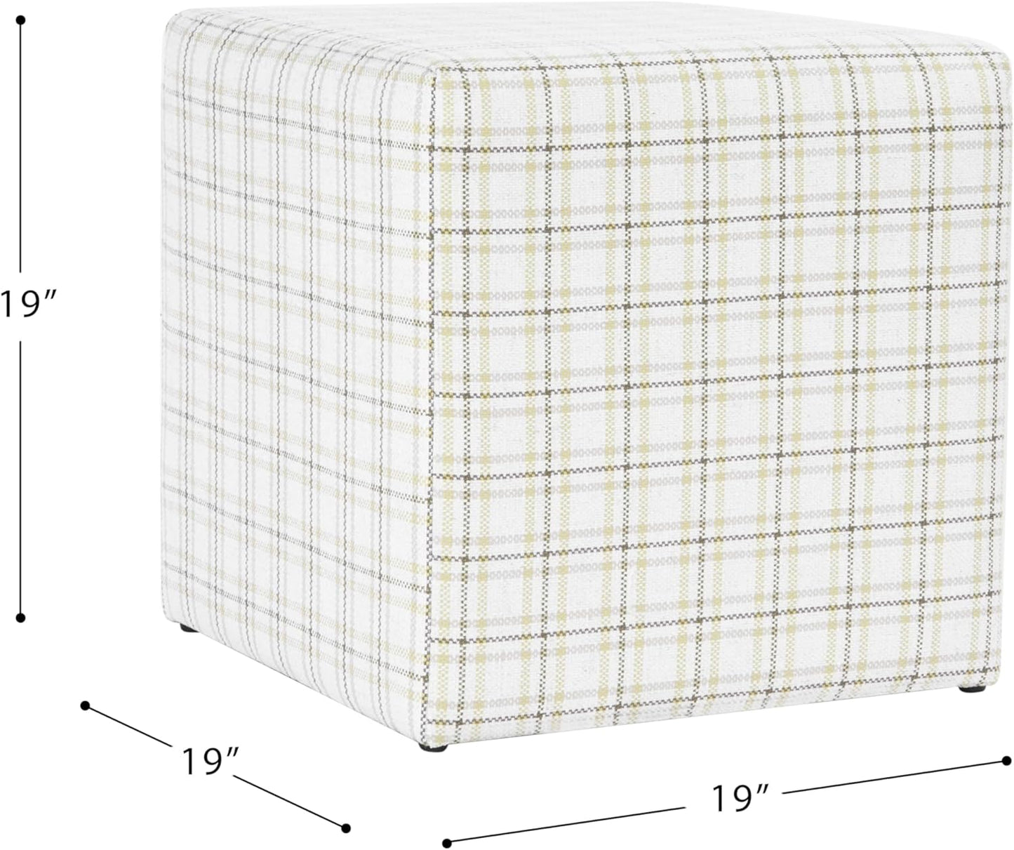HomePop 19” Square Upholstered Ottoman with Solid & Engineered Wood Frame, Modern Cube Accent Stool for Living Room, Bedroom or Entryway - Natural Plaid Woven Fabric