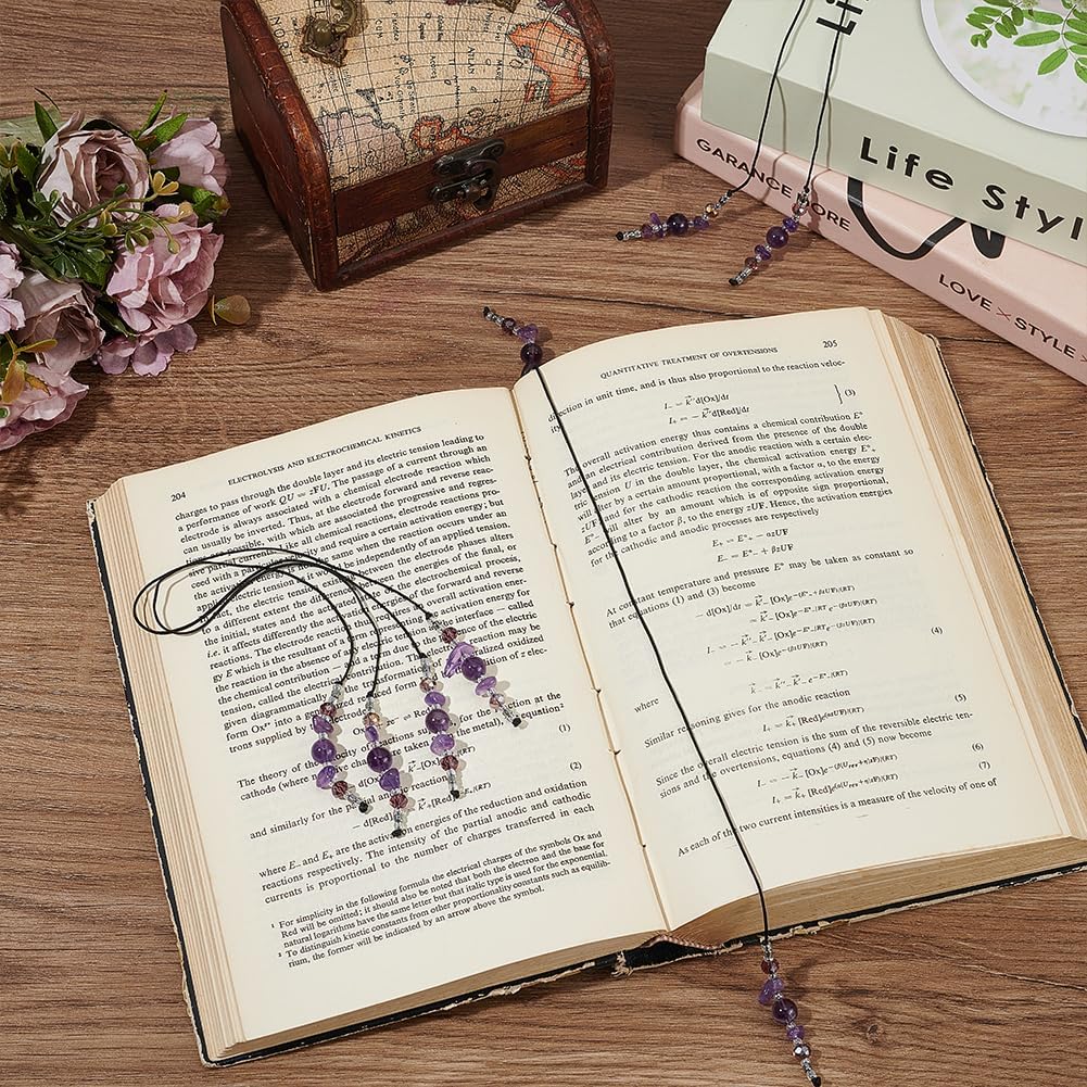 FINGERINSPIRE 2 Pcs Amethyst Beaded Bookmark 11.8 Inch Long Natural Amethyst & Dark Orchid Glass Beads Bookmarks