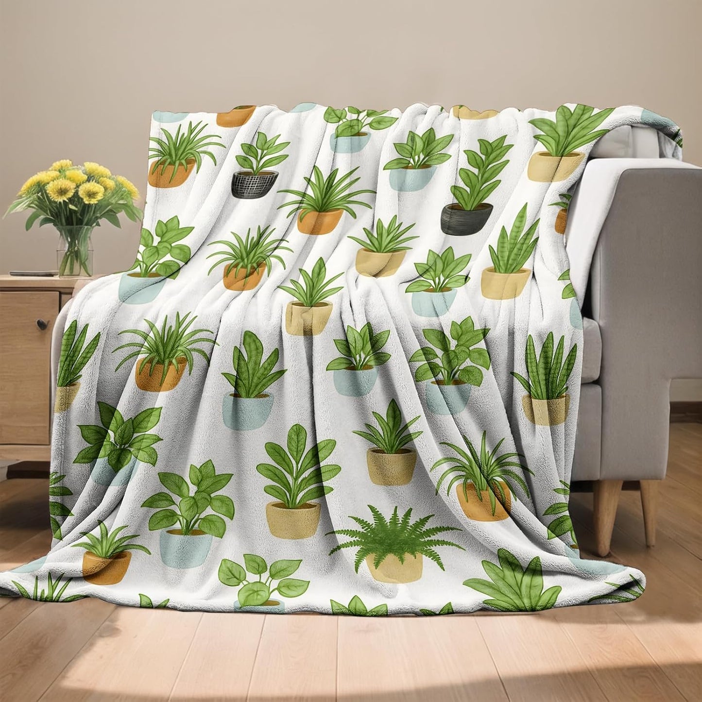 Fresh Potted Plant Blanket, Botanical Flannel Throw, Soft Cozy Lightweight Throws Blankets for Women Kids Girls, Minimalist Home Decor for Sofa Couch Bedroom Home, 60x50 Inch