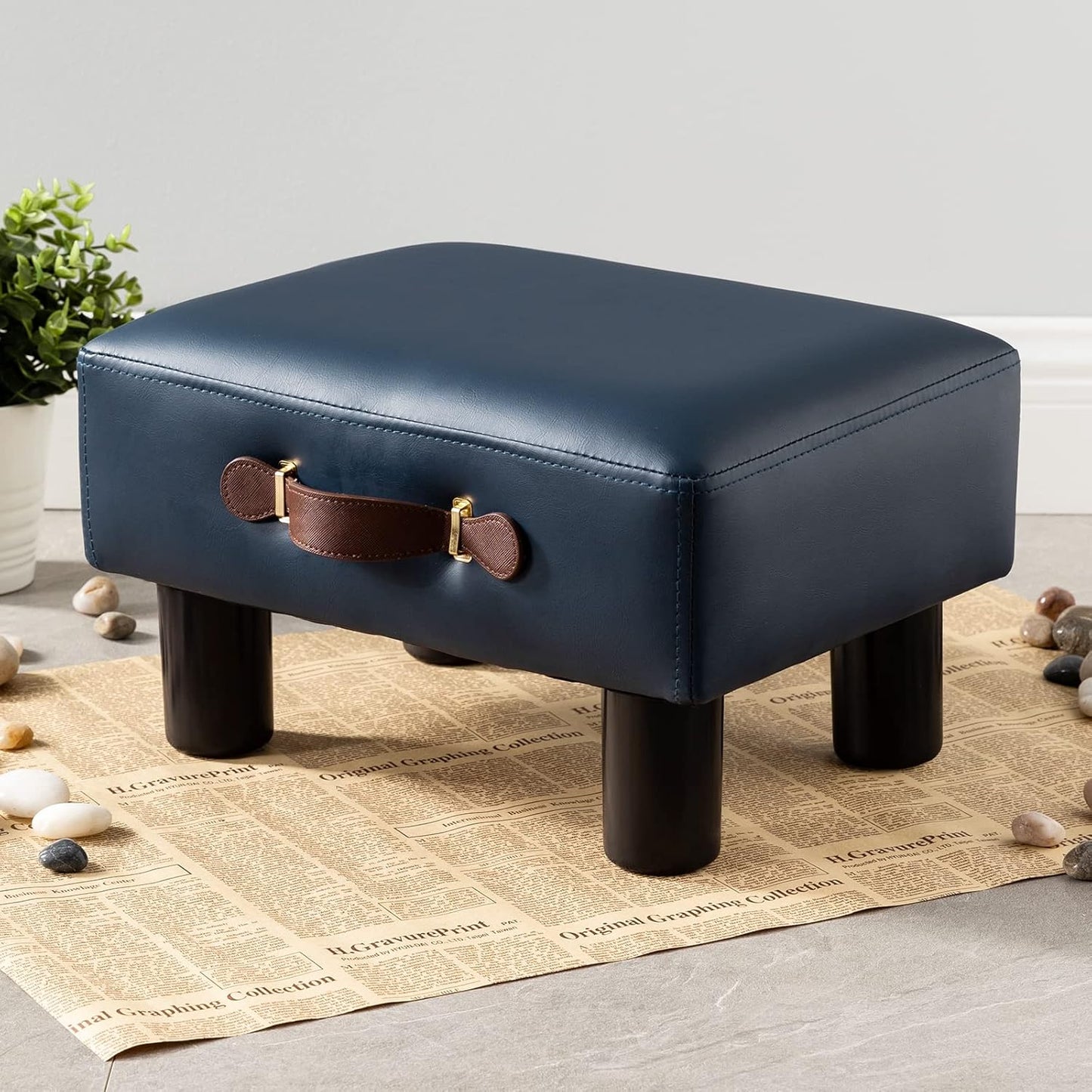 Small Foot Stool with Handle, Blue PU Leather Short Foot Stool Rest, Rectangle Storage Foot Stools Ottoman with Plastic Legs, Padded Footstool Small Step Stool for Living Room, Office, Desk, Patio