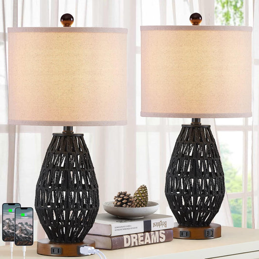 Touch Control Rattan Table Lamps, 3 Way Dimmable Bedside Lamps for Bedroom Set of 2 with 2 USB Ports and AC Outlet, Wicker Nightstand Lamps for Living Room (LED Bulbs Included), Black