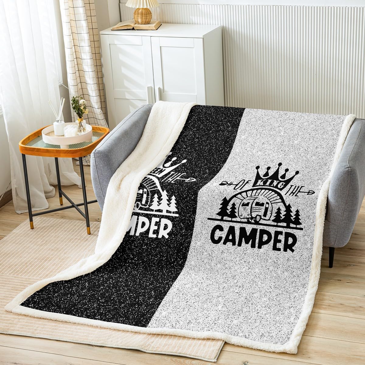 Camper Throw Blanket Wedding Gifts for Couple,King and Queen Camping Blanket for RV Camper,Cabin Decor Old Barn Door Fleece Blanket Valentines Day Gifts for Husband and Wife Black Silver 60"x80"