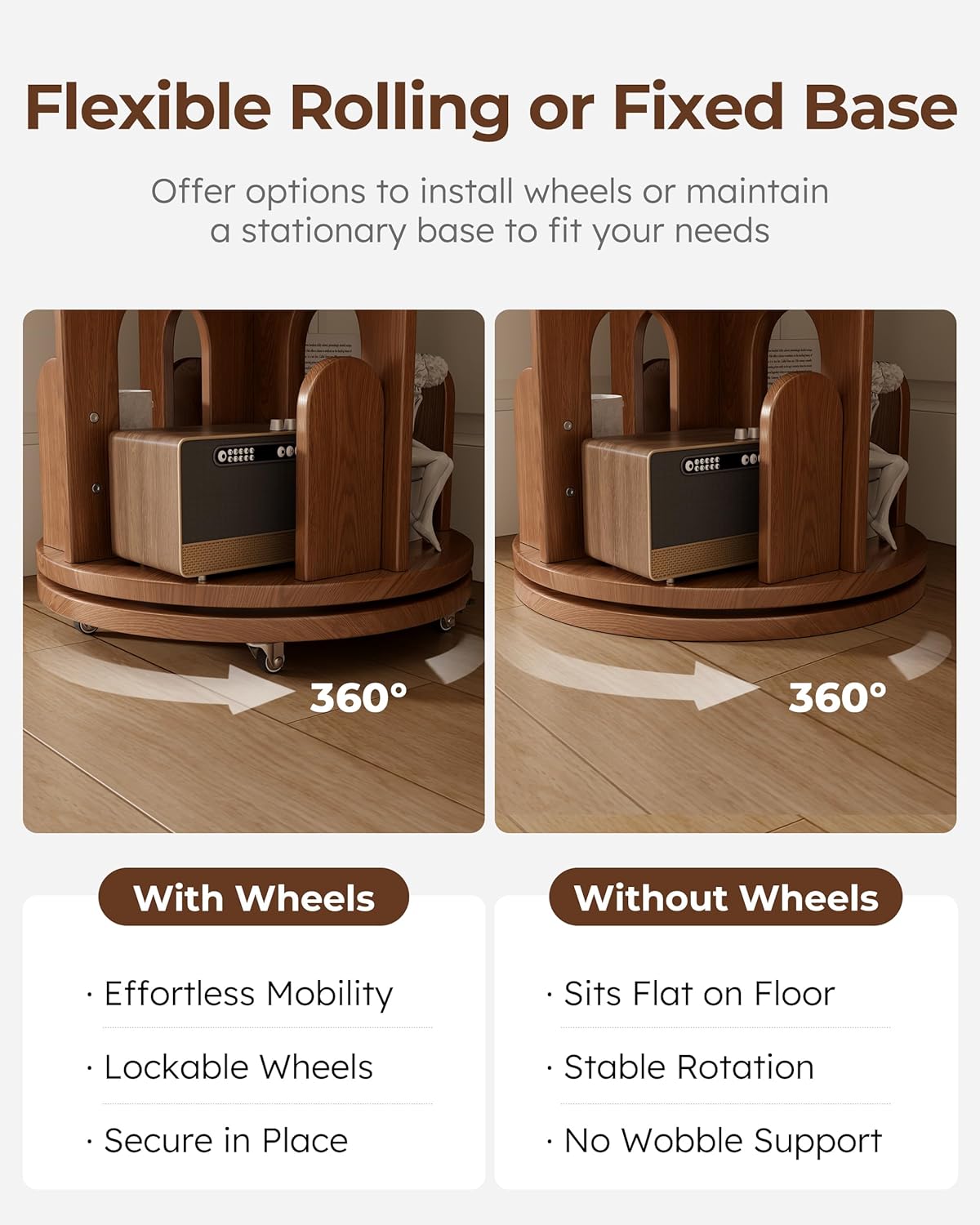 Solid Wood Rotating Bookshelf Tower, 6 Tier Corner Bookshelf with Bookends, Kids Spinning Book Shelf with Wheels, Revolving Bookcase Shelf, Tall Narrow Bookshelves for Small Spaces, Walnut