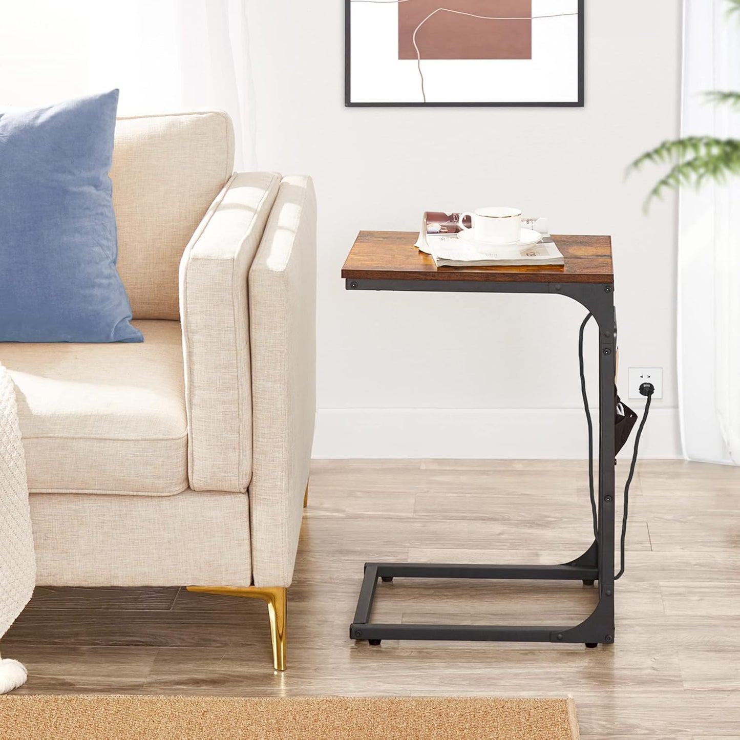 C-Shaped End Table with Charging Station — Storage Bag, 2 USB Ports, AC Outlets, for Living Room / Bedroom...