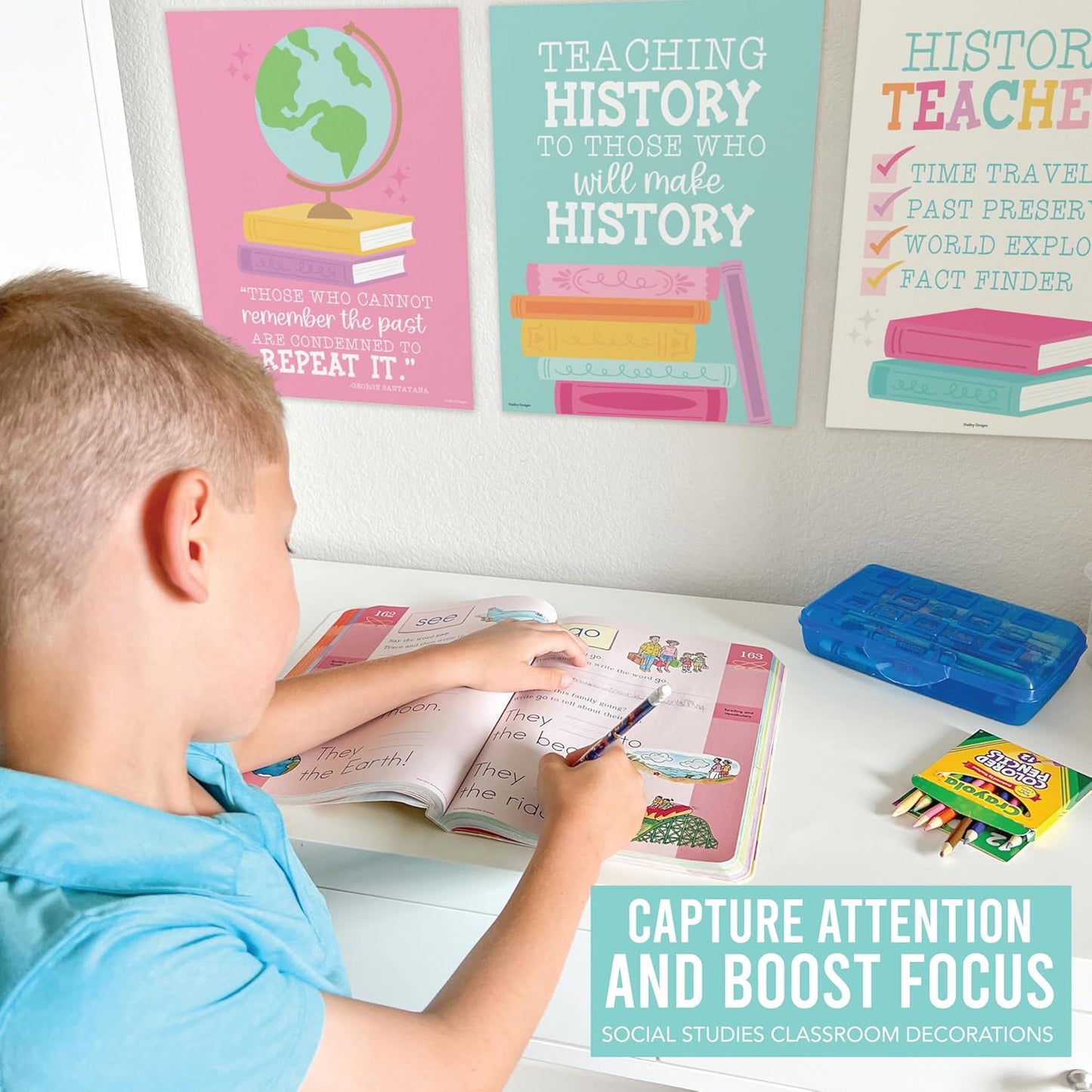 Hadley Designs 6 Social Studies Classroom Decorations – US History Posters for Elementary, Middle School and High School, Durable World History Wall Art for Teachers - Pastel Classroom Decor