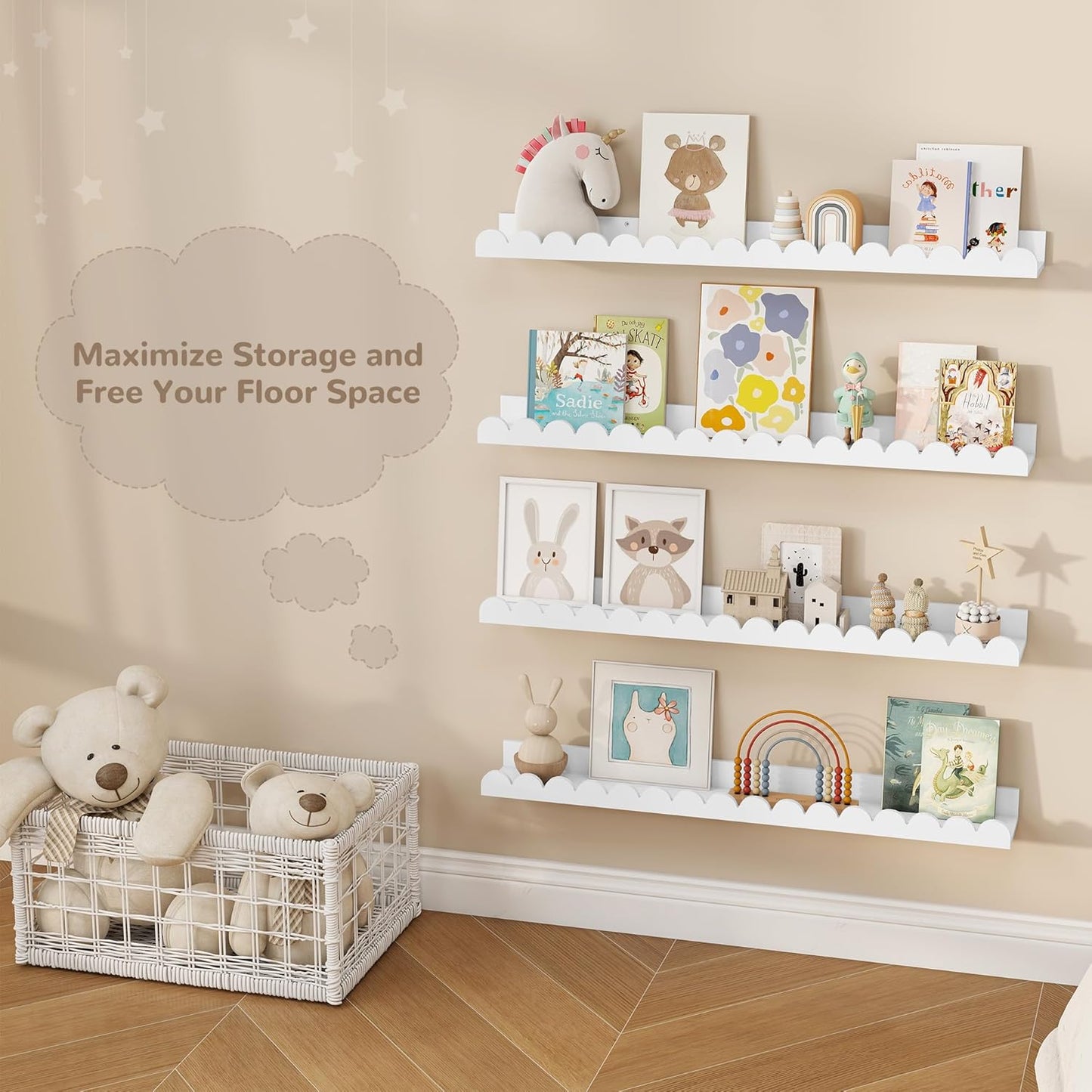 Fun Memories 32 Inch White Floating Shelf, Scalloped Picture Ledge for Nursery, Set of 4, Wall Mounted Book Shelves for Kids Room, Toddler Room