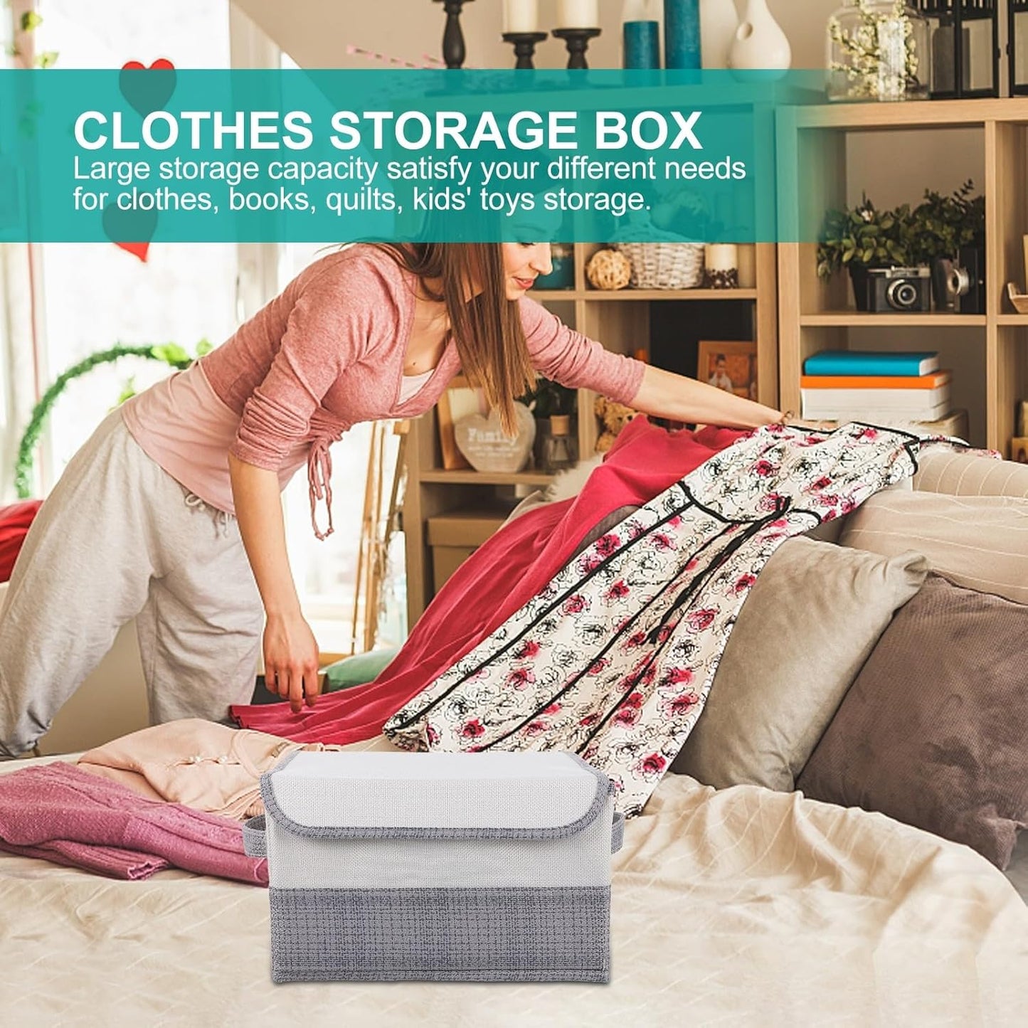 PRETYZOOM Foldable Clothes Storage Box with Lid, Fabric Organizer Bin for Home and Dormitory, Dustproof Sundries Storage Container in White and Gray, Small Size