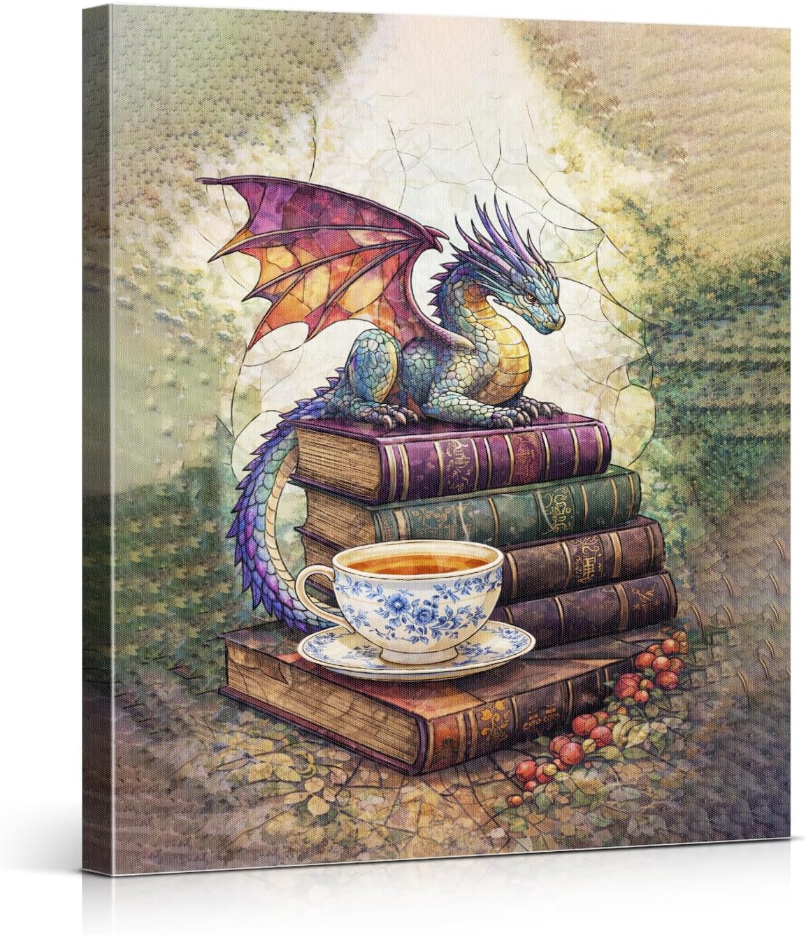 Vintage Dragon Books Wall Art Print - Bookish Dragon Canvas Poster Painting - Book Lover Gifts Wall Decor for Home Reading Nook Library 8x10 Inch Framed