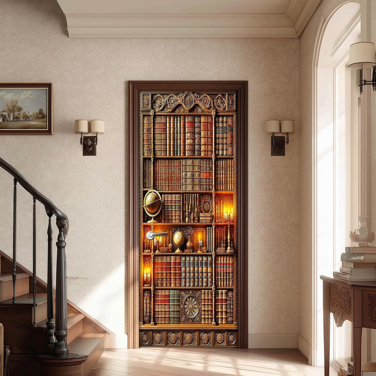 Vintage Bookshelf Door Sticker Classic Library Bookcase Mural Self Adhesive PVC Removable Door Decal for Home Office Bedroom Decoration 30.3 x 78.7 in