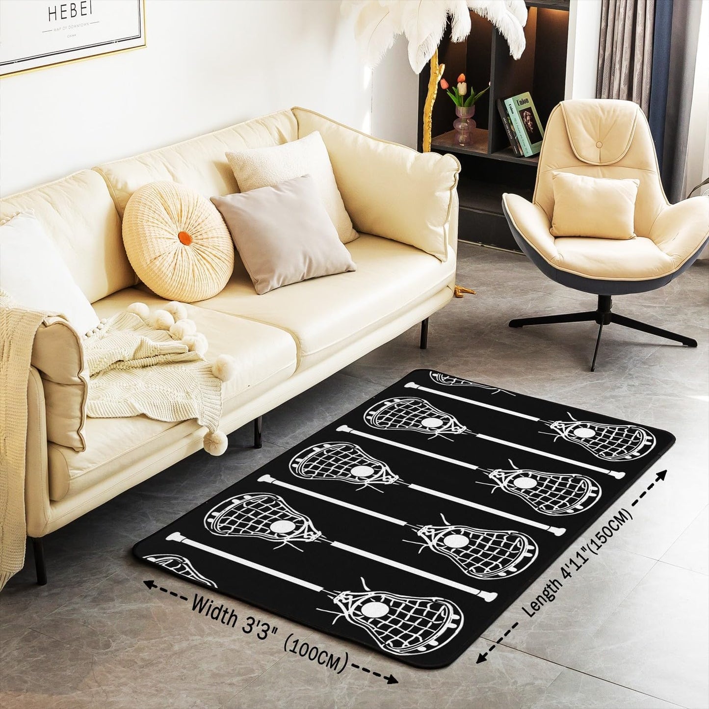 Erosebridal Lacrosse Area Rug 4'11" x 3'3", Lacrosse Sports Games Non Shedding Living Room Rugs For Kids Boys Girls, Black White Lacrosse Decorative Carpet, Ball Gaming Sport Washable Indoor Floor Mat