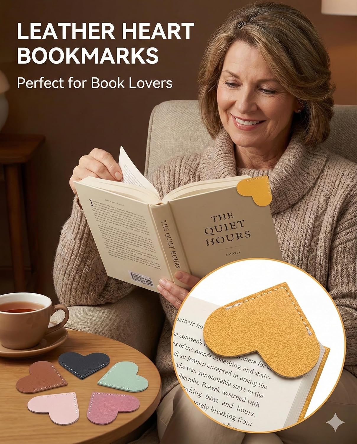 Leather Heart Bookmarks (6pcs) - Cute & Practical Reading Accessory for Book Lovers, Teachers, Students for All Ages