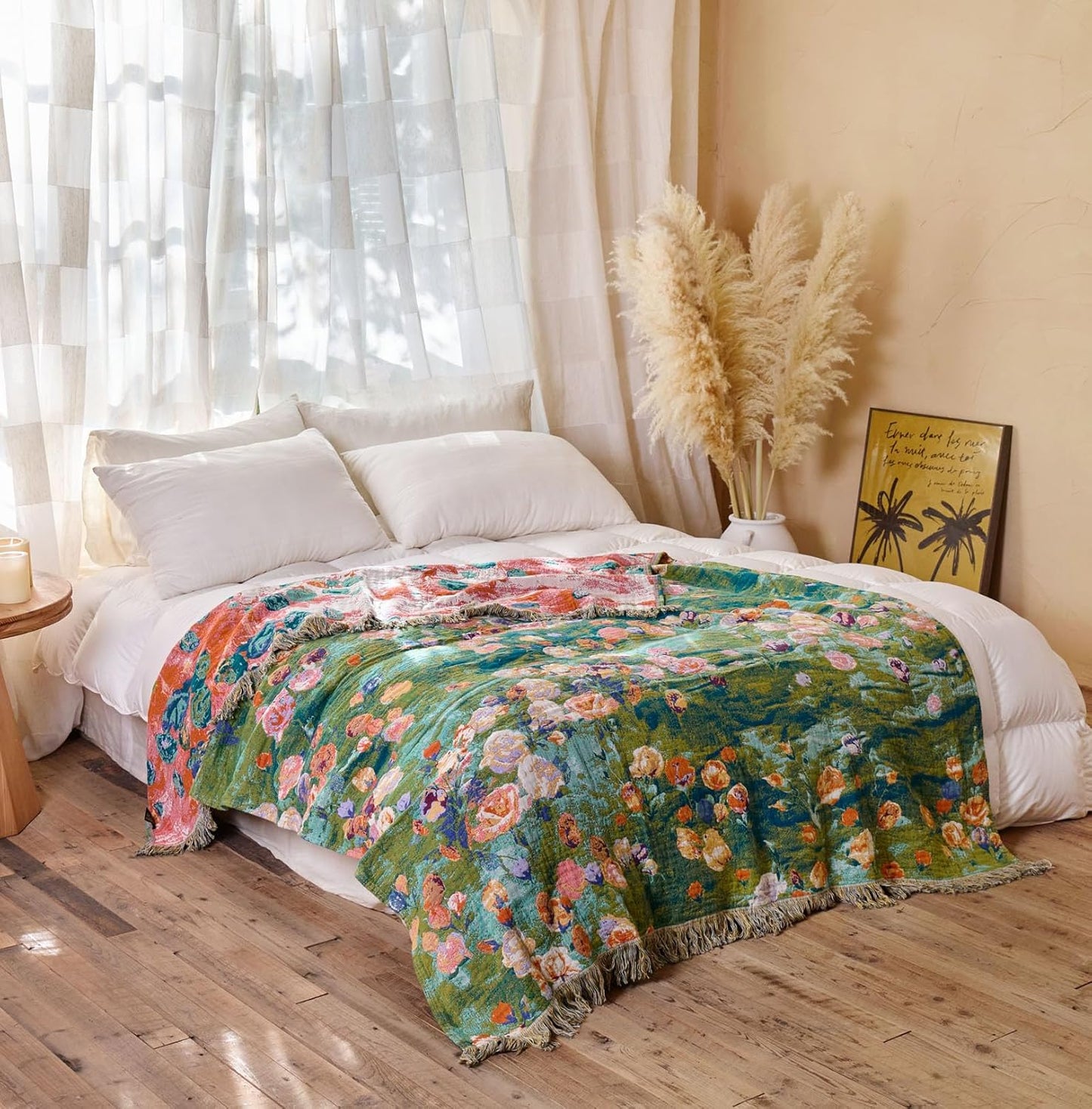 Boho Throw Blanket - 100% Cotton Throw Blankets for Bed Couch, 50"x60" Soft Muslin Lightweight Spring Throw Blanket, Cozy Floral Plant Printed Bohemain Bedding Decor Green Throw Quilt