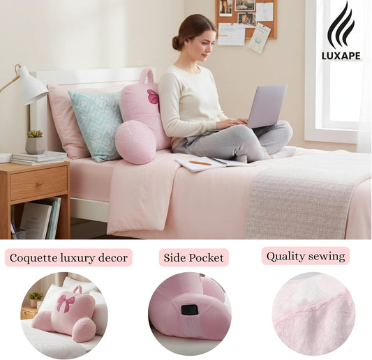 Bow Backrest Pillow Bow Reading Pillow with Pink Bow Design – Soft Plush Fabric Pillow with Armrests for Bed, Couch, Dorm or Lounge – Supportive Bed Rest Cushion, 29 x 16.5 Inches (74 x 42 cm) (Pink)