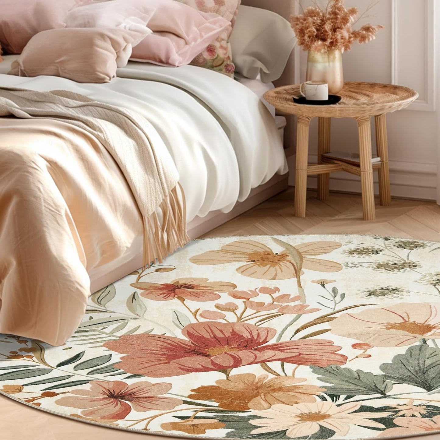 jinchan Renouveau Floral Round Rug 4ft Area Rug Indoor Circle 4' Round Washable Modern Oriental Flower Print Non Slip Carpet for Living Room Dining Room Bedroom Entryway Office Decor Pink/Grey