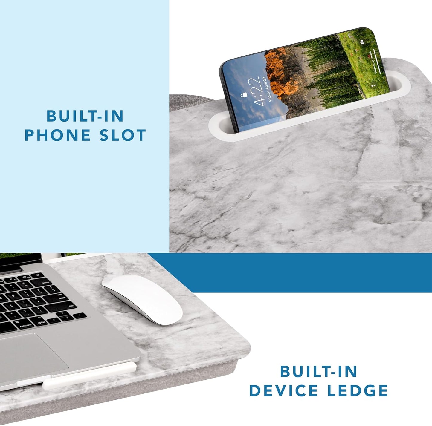 LAPGEAR Elevation Lap Desk with Device Ledge, Phone Holder, and Booster Cushion - White Marble - Fits up to 15.6 Inch Laptops - Style No. 87966