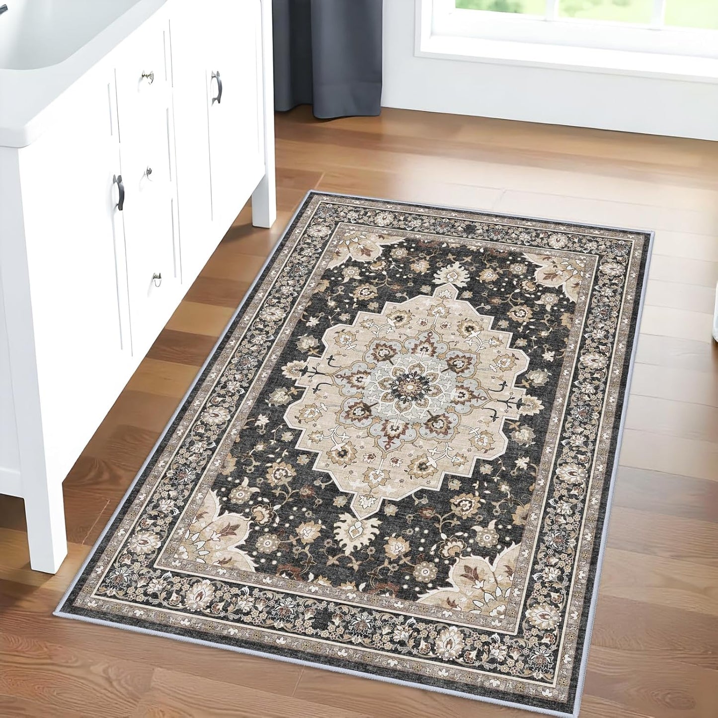 Washable 2x3 Entryway Area Rug: Vintage Non-Slip Backing Rugs for Kitchen Bathroom Water Resistant Carpet for Bedroom Soft Low Pile Front Door Mat for Dining Room 2x3 Black