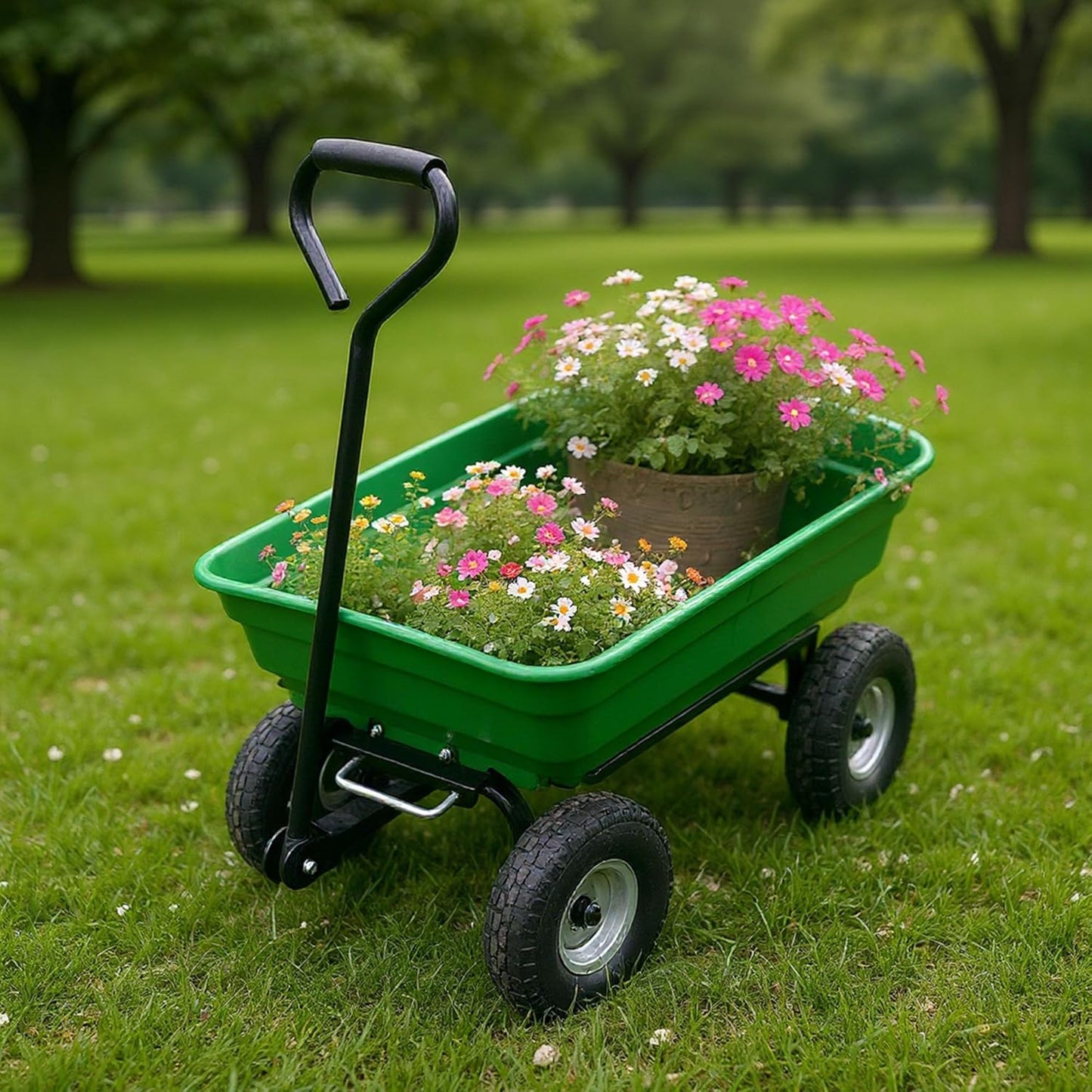 Garden Wheelbarrow Cart, Heavy-Duty Utility with Four Wheels, Built-in Stand, Ideal for Home, Yard, and Garden - Green