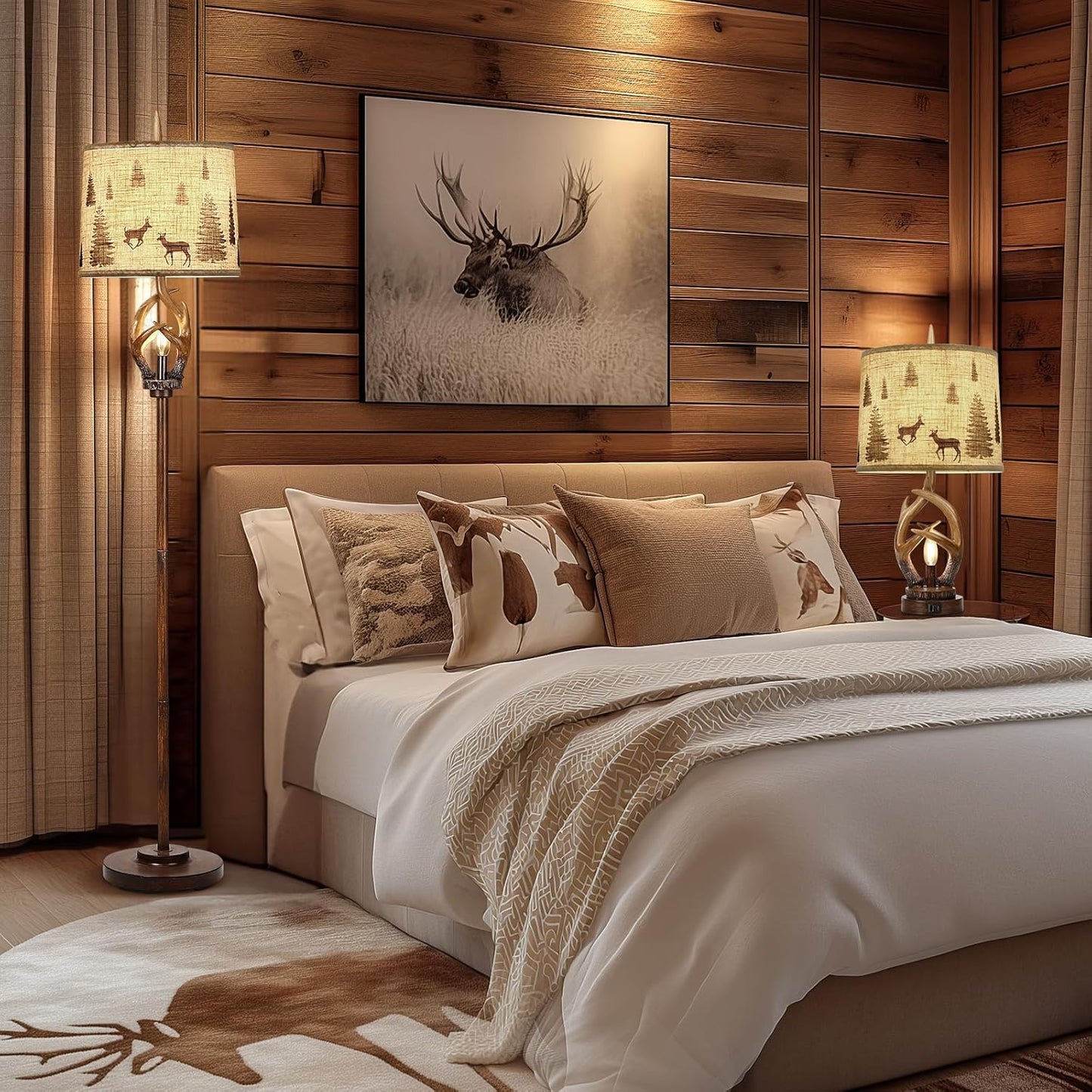 Scenekoy Rustic Farmhouse Antlers Floor Lamp with Nightlight Brown Finish Round Shade Lamps for Living Room Bedroom Office Study House