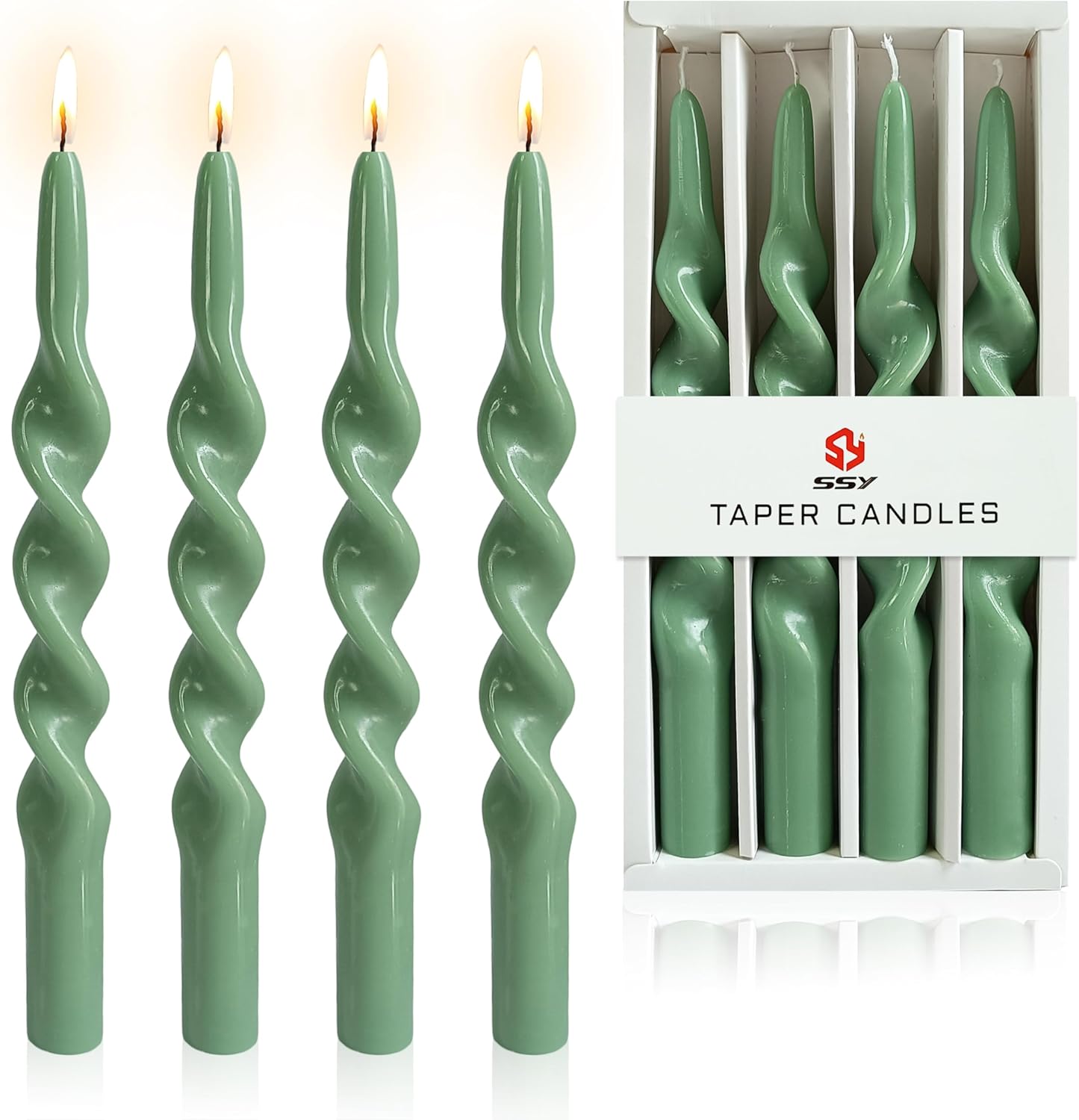 10 Inches Spiral Taper Candles Sticks Sage Green Twisted Candle Dripless Unscented Long Candles, Handmade Candlesticks for Wedding Dinner Decor, Set of 4