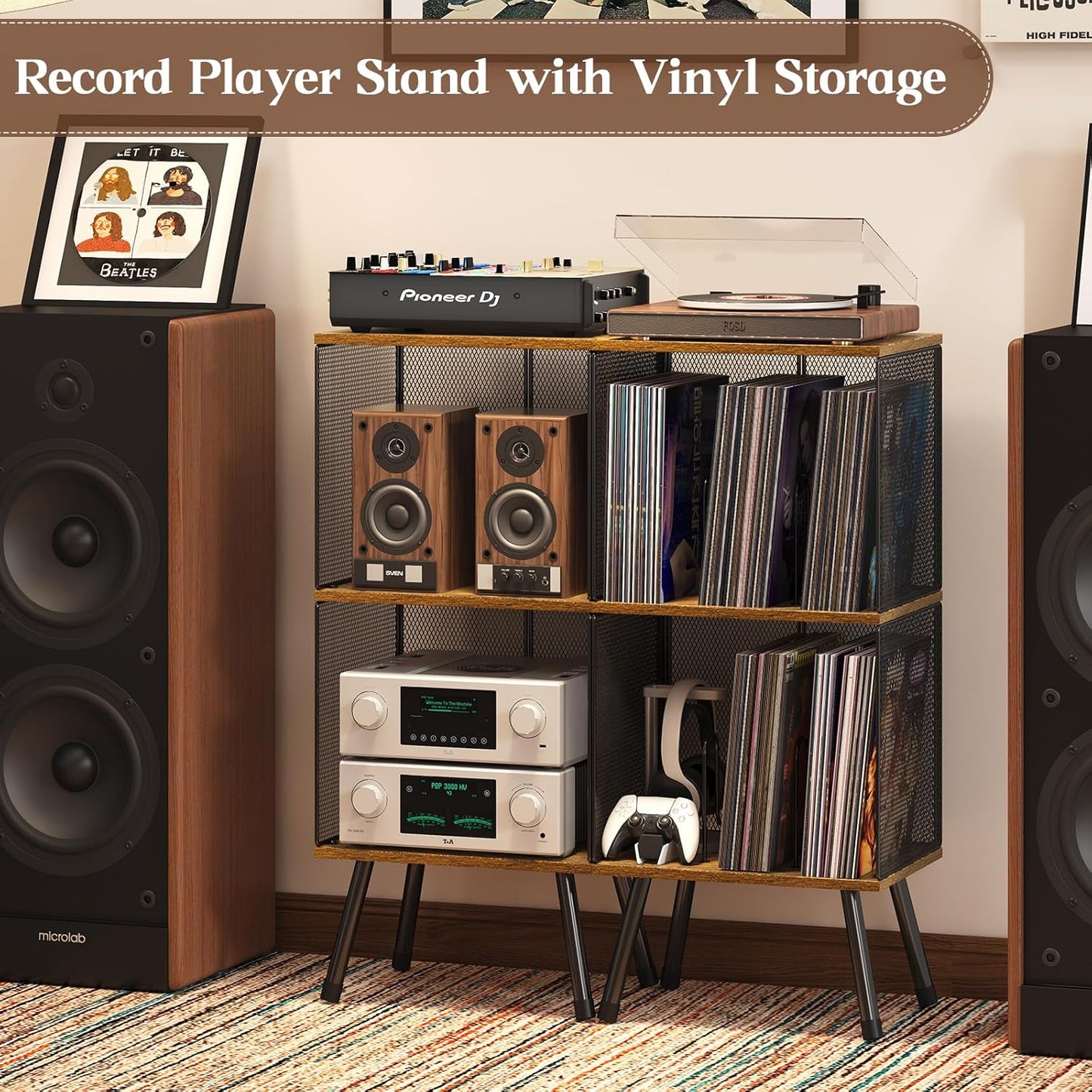 X-cosrack 3-Tier Record Player Stand, Turntable Stand with Storage up to 200 Albums, Corner Vinyl Record Holder with Adjustable Divider, Mid-Century Record Table Vinyl Storage for Bedroom Living Room