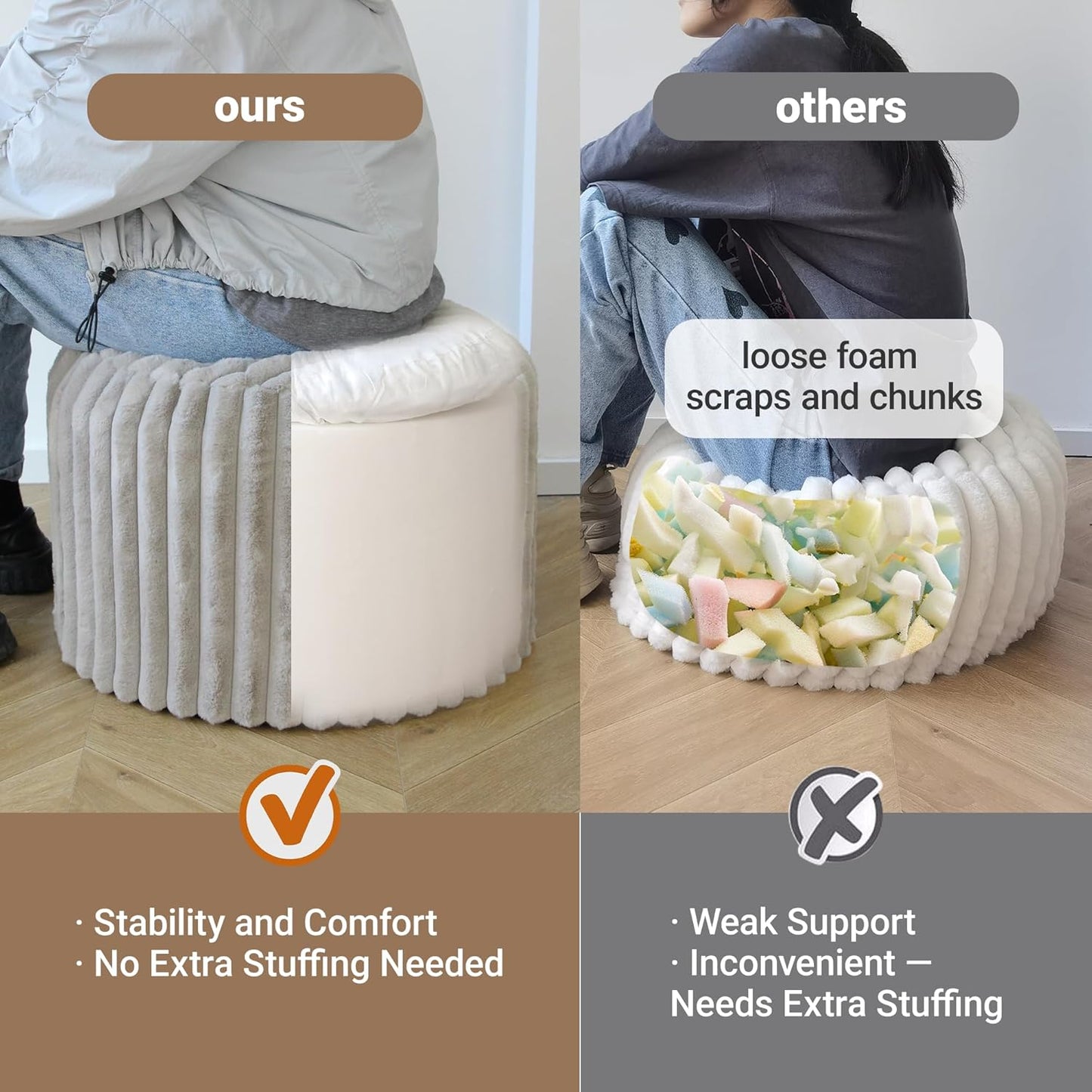 Round Stuffed Pouf Ottoman, Stripe Faux Fur Footrest with Dual Layer Comfort, Removable Washable Cover, 20" Plush Floor Pouf for Living Room Bedroom Dorm Vanity Chair Under Desk, Gray