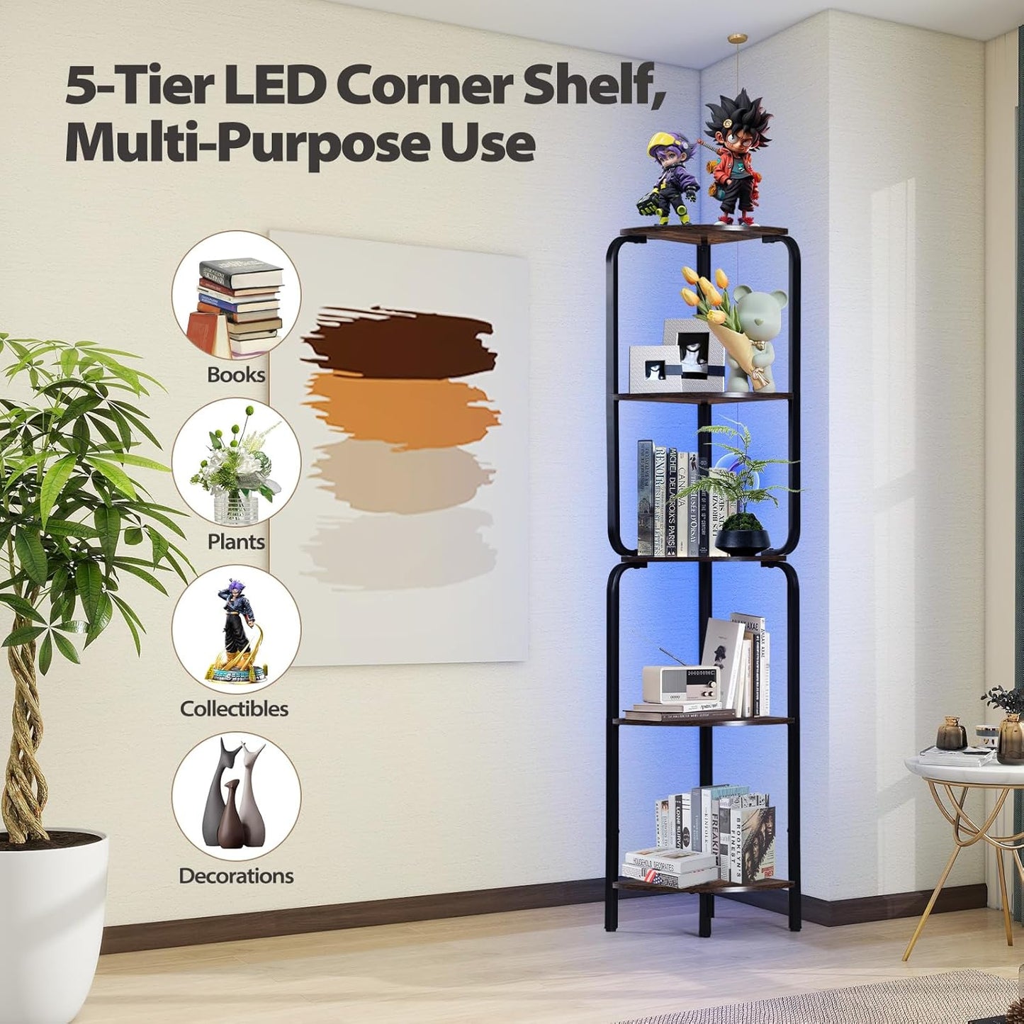 Corner Shelf with LED Light, 5 Tier Corner Shelves, Black Corner Book Shelf 64" Metal Shelf Narrow Bookshelf with Storage Rack for Wall Corner, Living Room, Bedroom, Metal Frame, Display Shelf