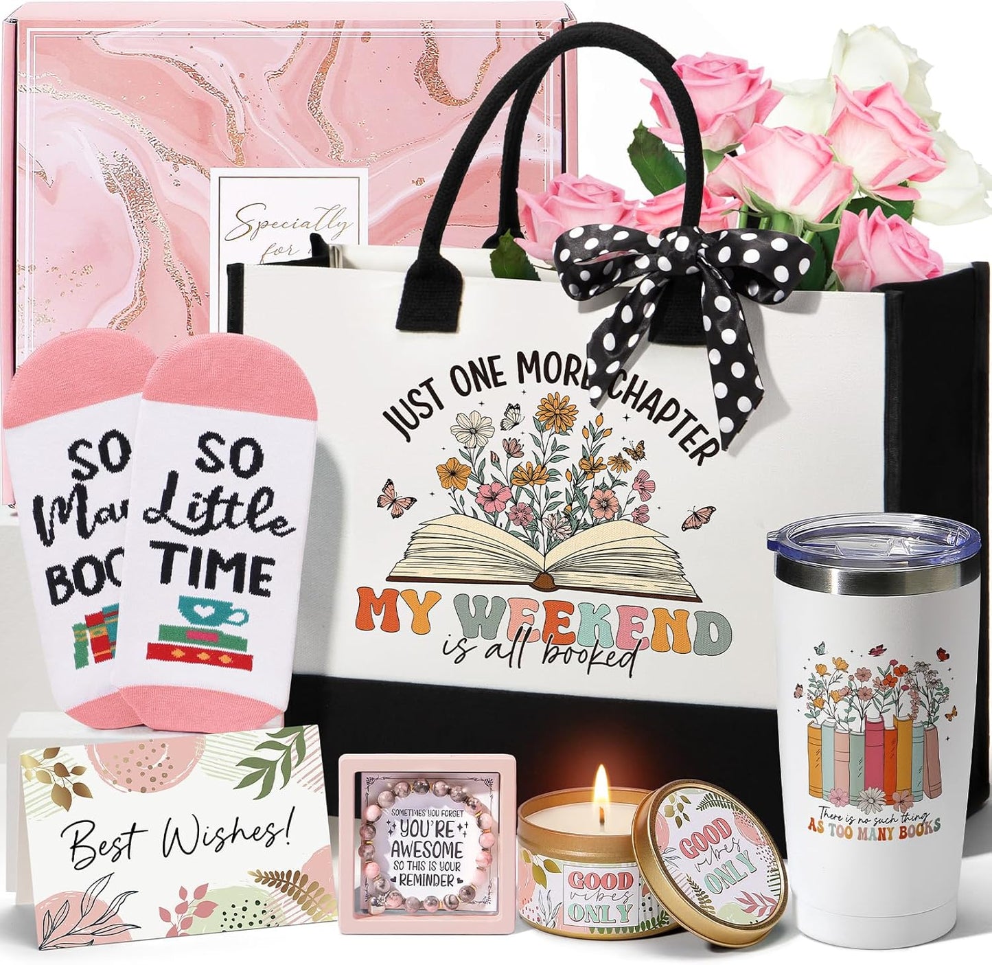 Book Lovers Gifts for Women Bookish Gifts, Reading Gift Set for Reader Book Club Book Themed Basket, Mother's Day Birthday Gift for Book Lovers Women Friends Bookworm Librarian Teacher w/ Tote Bag