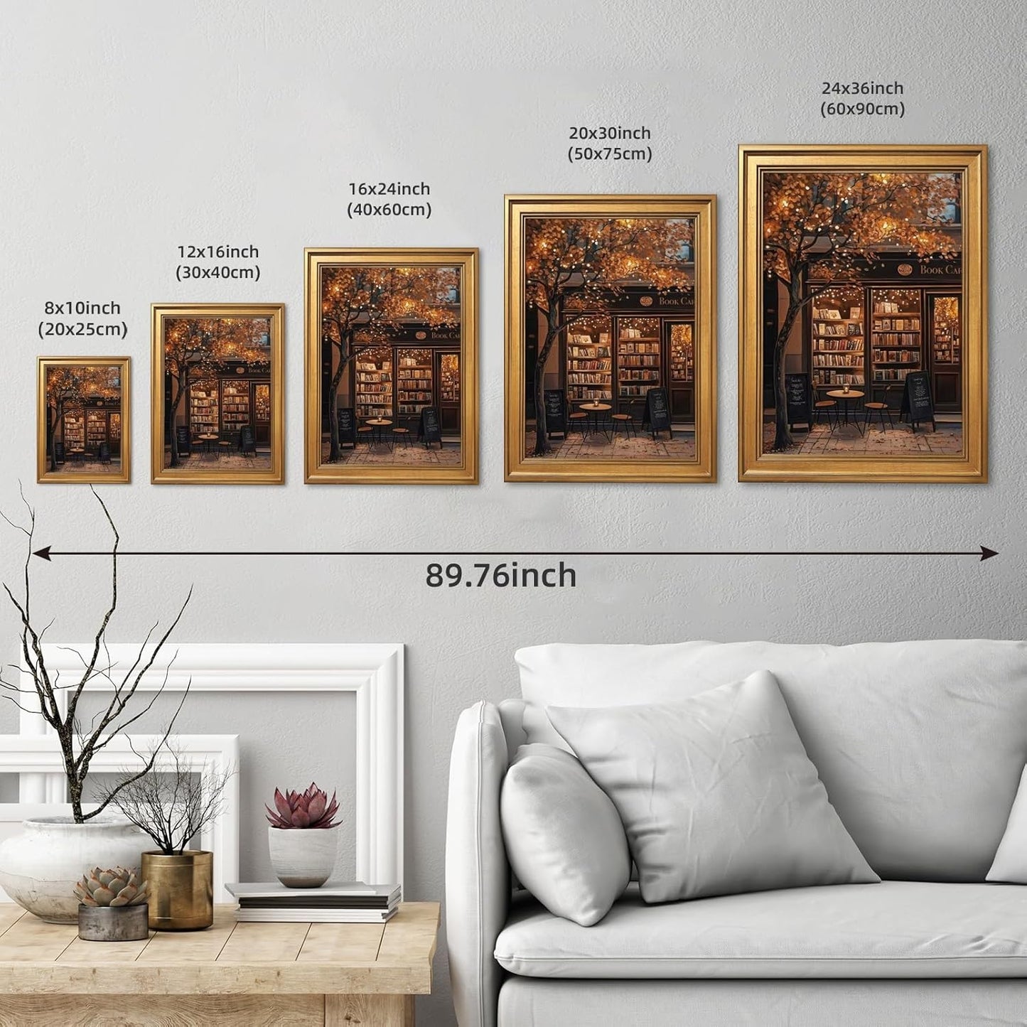 Ripiyome Autumn Coffee Shop Canvas Print Poster Moody Bookstore Wall Art Cozy Cafe Fall Artwork Aesthetic Painting for Book Lovers Thanksgiving Decor Living Room Reading Nook 12x16inch Golden Frame