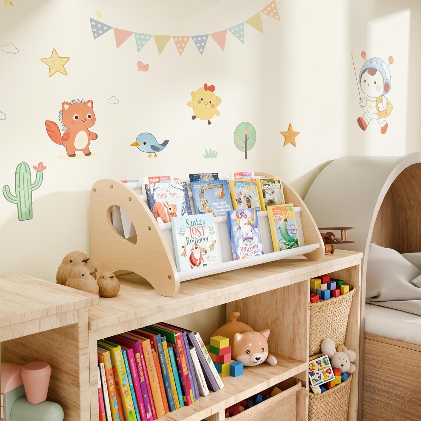 Kids Bookshelf, 4-Tier Montessori Book Shelf for Kids Rooms, Easy Installation, Eco-Friendly Wooden Storage Organizer,28.7” x 15.7” x 13.6” Natural/White