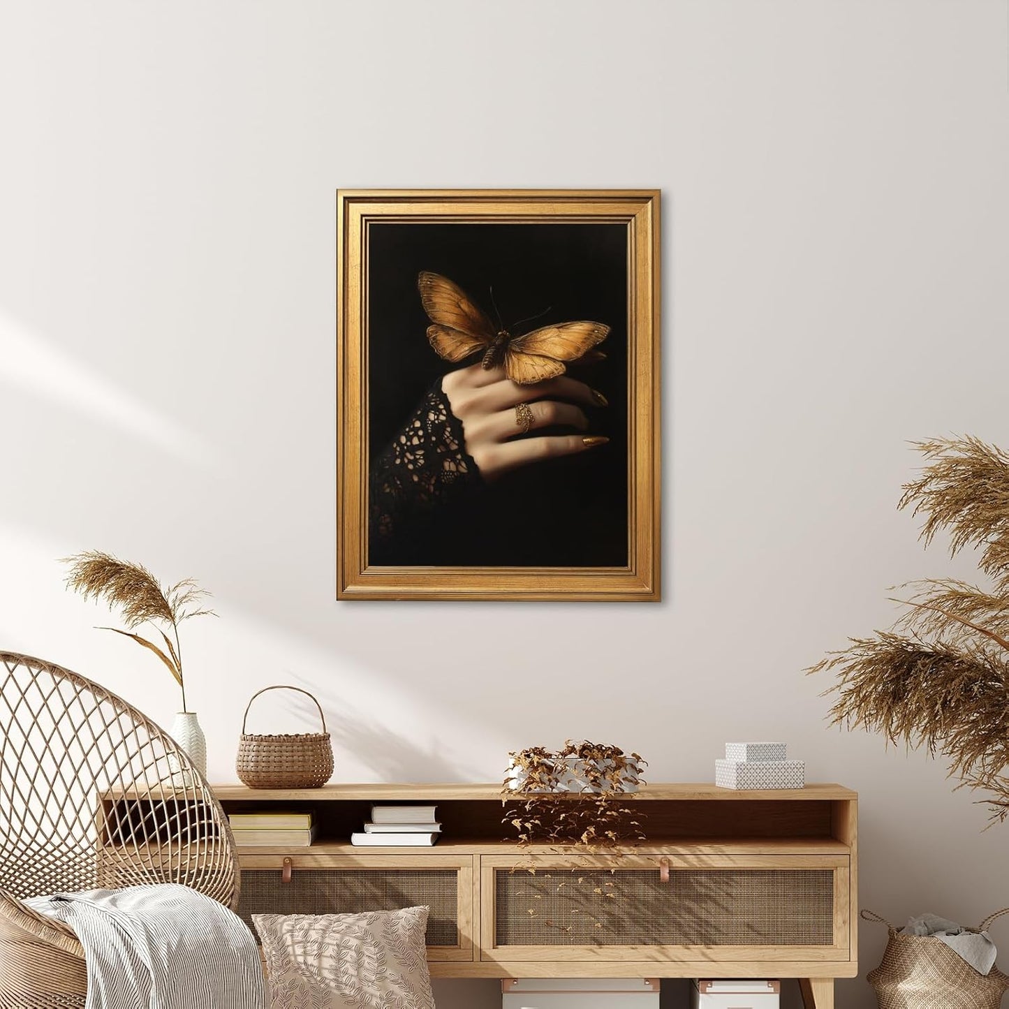 Large Framed Victorian Dark Romantic Canvas Wall Art Butterfly in Lace Hand Surreal Gothic Painting Poster Vintage Moody Elegant Darkness Lady Artwork Print for Bedroom Home Decor 24x36inch
