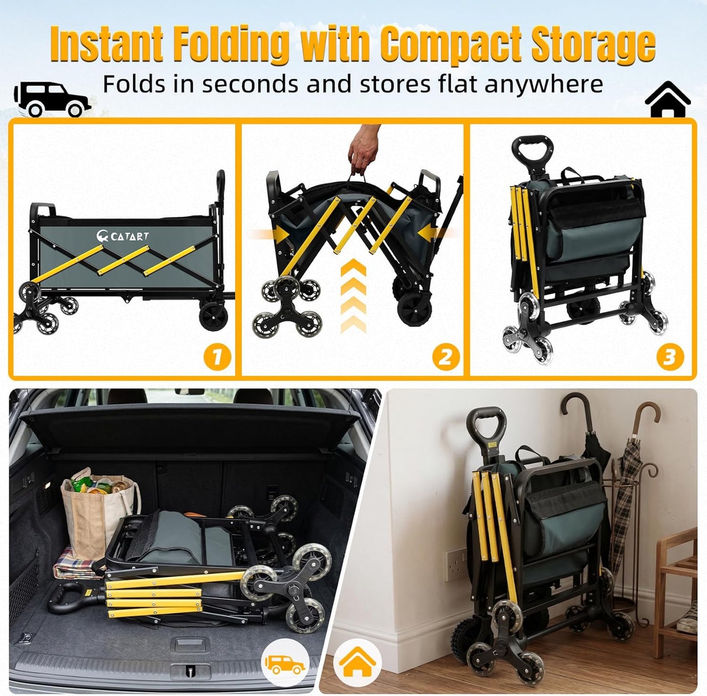 Folding Utility Cart with Triangular Wheels, 2 in 1 Collapsible Wagon for Stairs, Multi-Scene Stair Climbing Wagon, Lightweight Hand Truck with Telescoping Handle for Grocery, Laundry, Moving, Office
