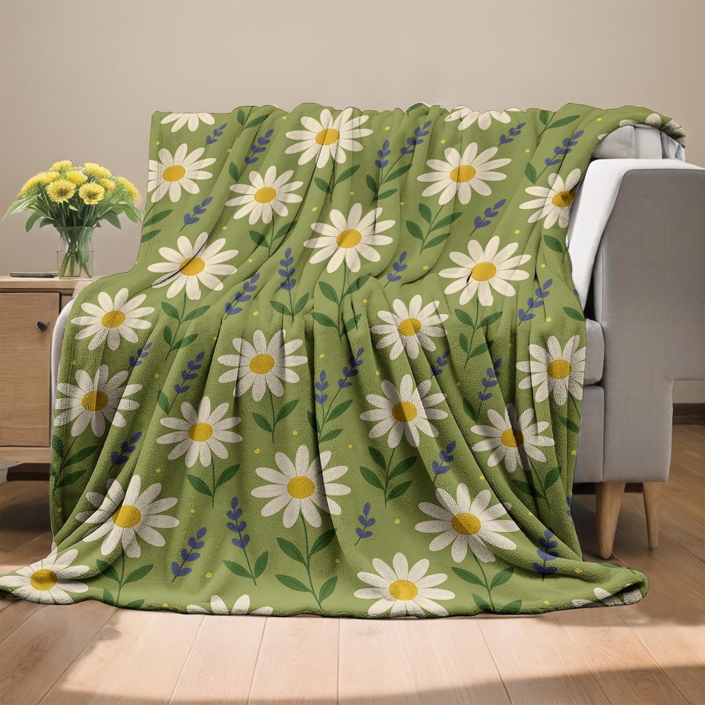 Daisy Floral Blanket, Flannel Throw Blanket Soft Cozy Lightweight Blankets for Adults Women Kids Home Decor for Sofa Couch Bed 60x50 Inch