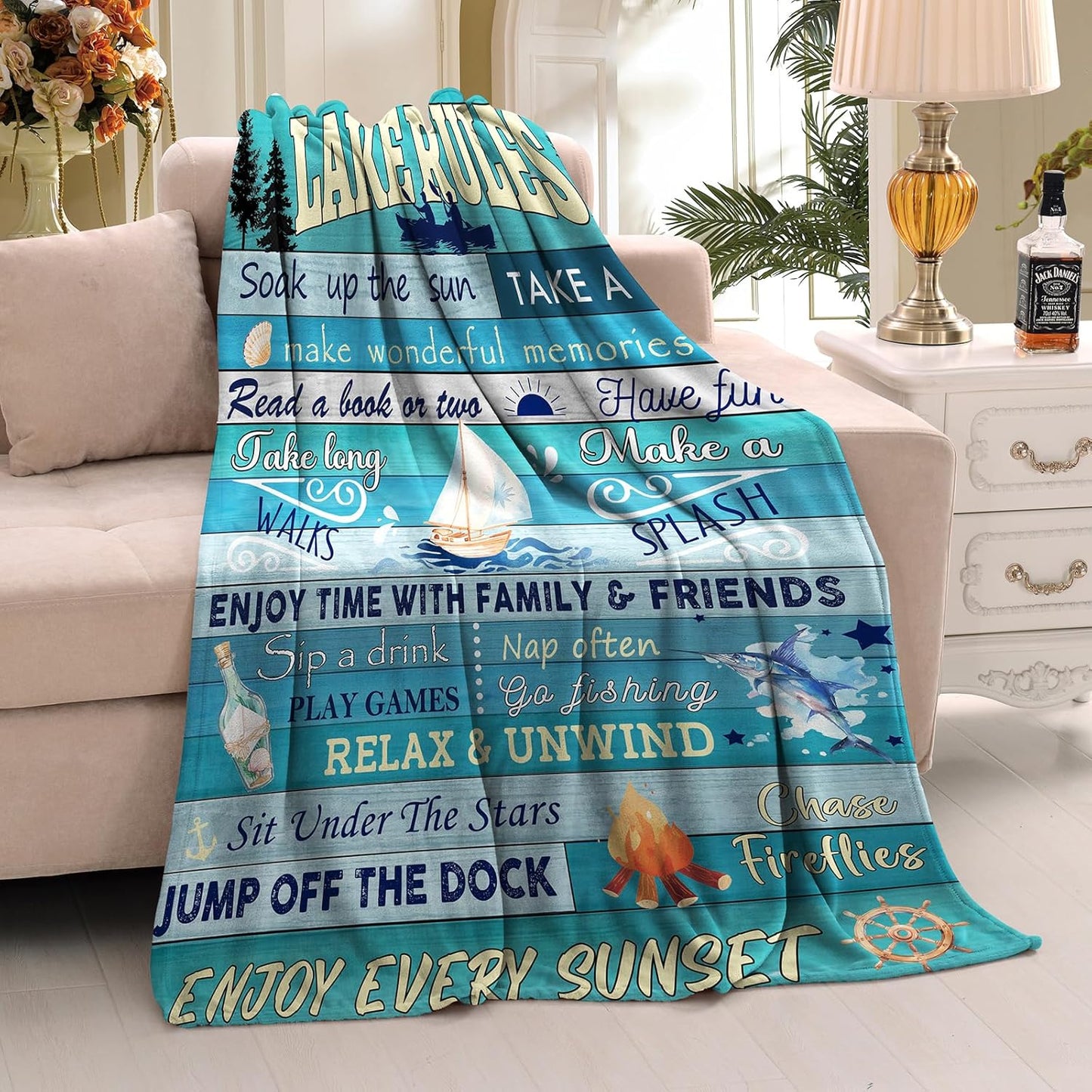 Lake House/Life Gifts for Women Men, Boating/Fishing/Ocean Gifts, House Decor for Home Bed Sofa Lake Rules Flannel Throw Blanket, 50" x 60"