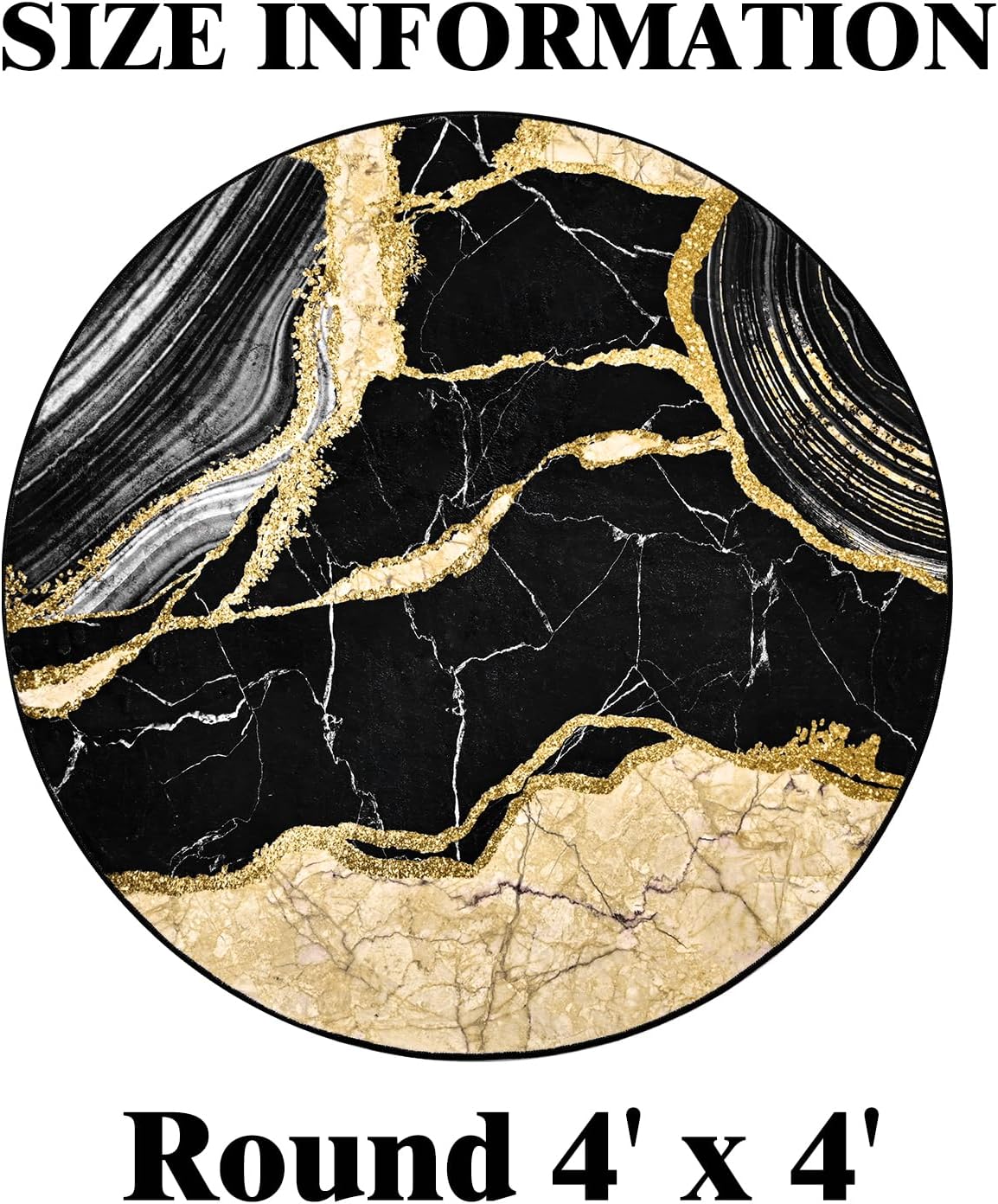 ASPMIZ Black and Gold Round Rug 4ft Washable Round Area Rug for Living Room, Faux Wool Marble Bedroom Rugs Non Slip, Soft Modern Floor Carpet Low Profile Rugs for Dining Room Home Office Decor