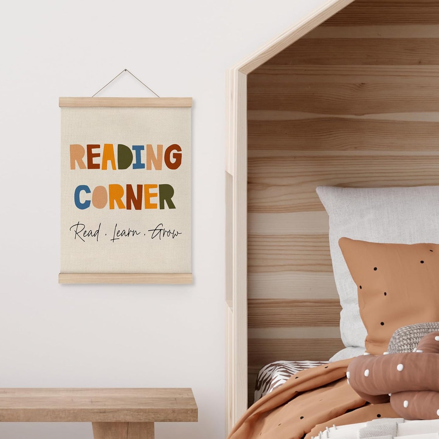 MAQIKA Reading Corner Poster Framed with Wood Hanger, Kids Reading Nook Hanging Wall Decor, Nursery Library Sign Canvas Wall Art Paint for Playroom School 12x16