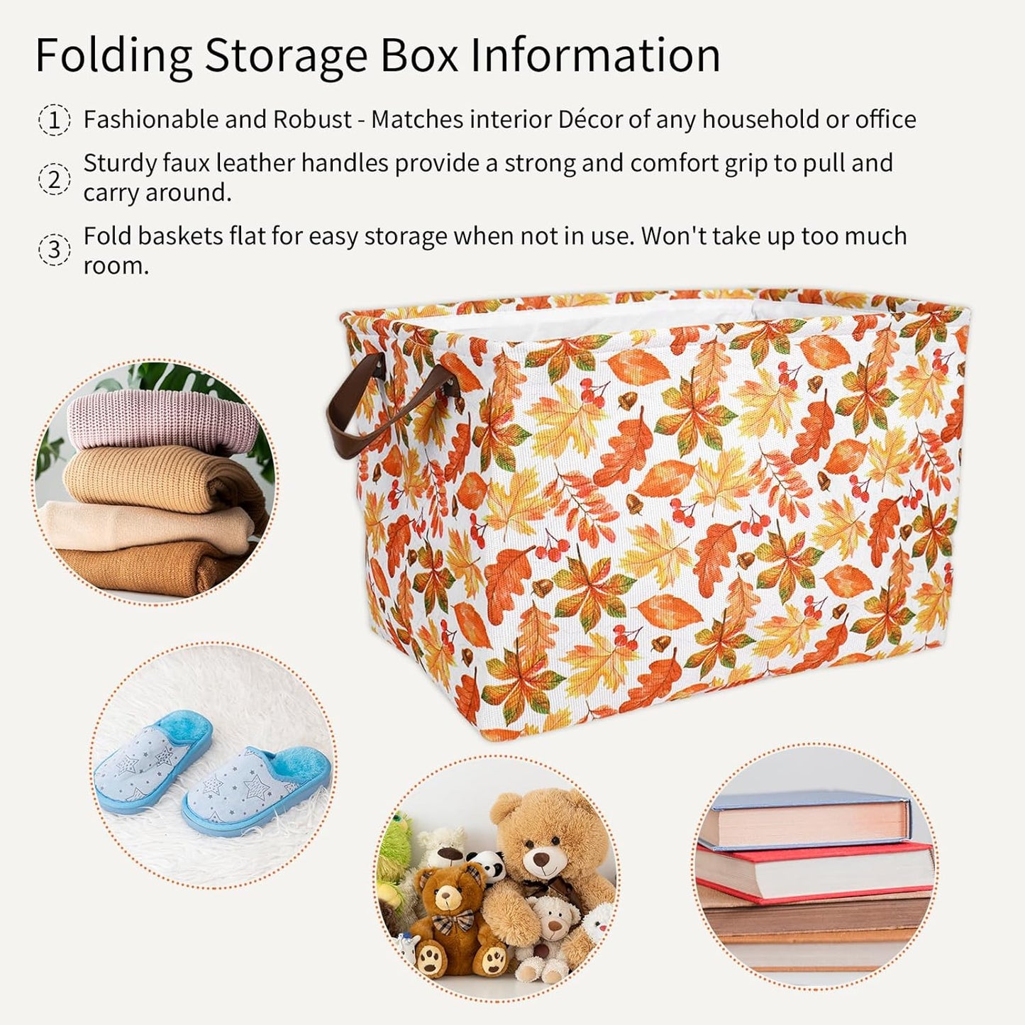 JarThenaAMCS 2Pcs Fall Storage Basket with Handles Maple Leaf Cube Storage Bin Foldable Fabric Container Organizer Box for Autumn Thanksgiving Home Office Dorm Closet Shelf Toy
